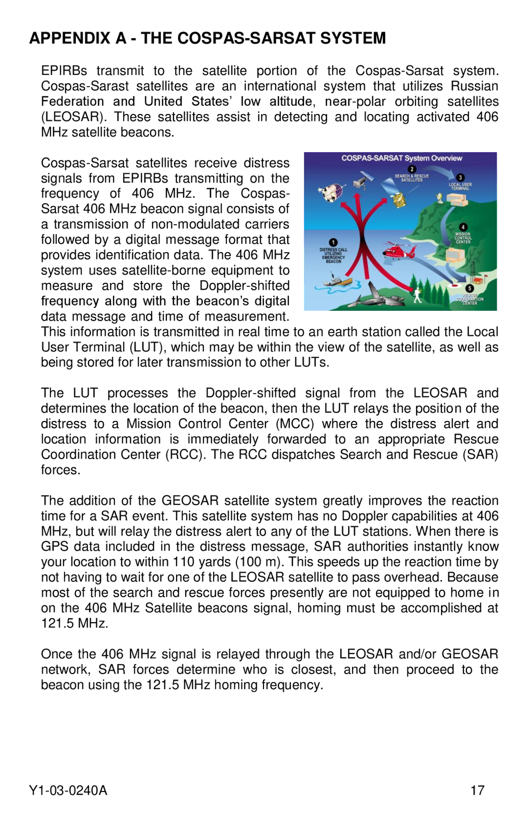 ACR Electronics RLB-40, Y1-03-0240A manual Appendix a the COSPAS-SARSAT System 