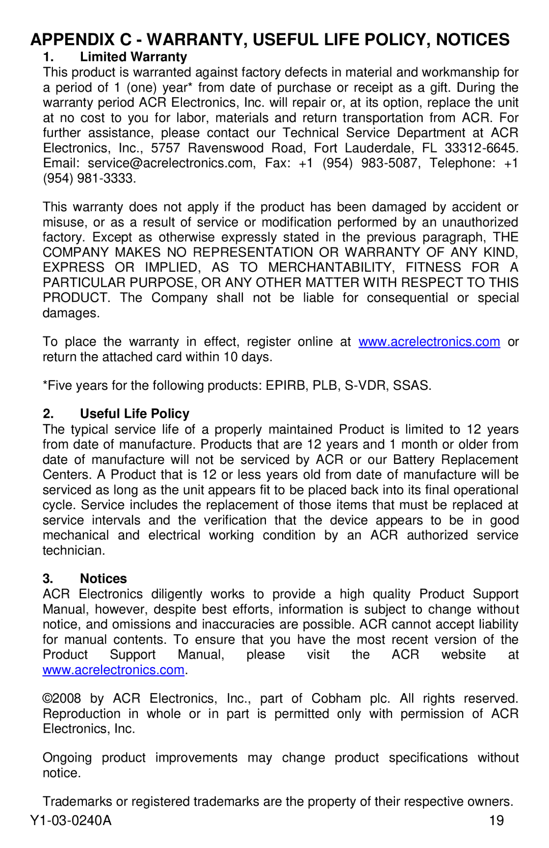 ACR Electronics RLB-40, Y1-03-0240A Appendix C WARRANTY, Useful Life POLICY, Notices, Limited Warranty, Useful Life Policy 