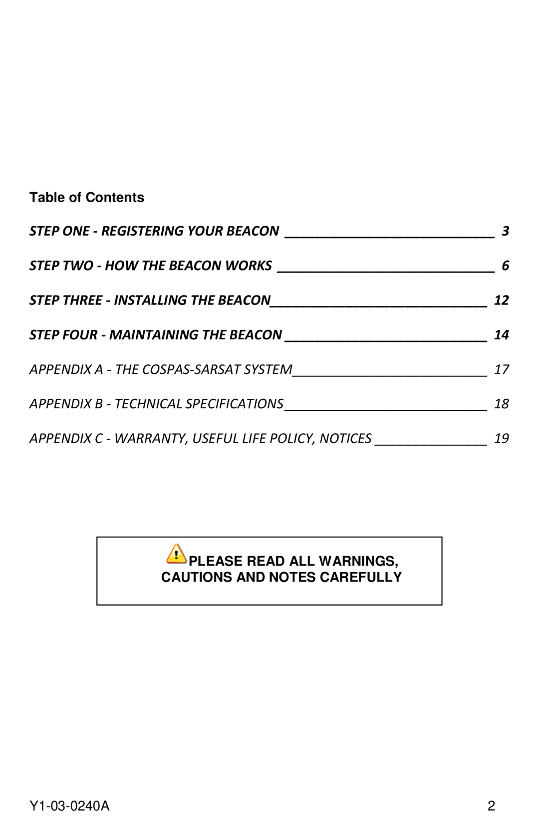 ACR Electronics Y1-03-0240A, RLB-40 manual Table of Contents 