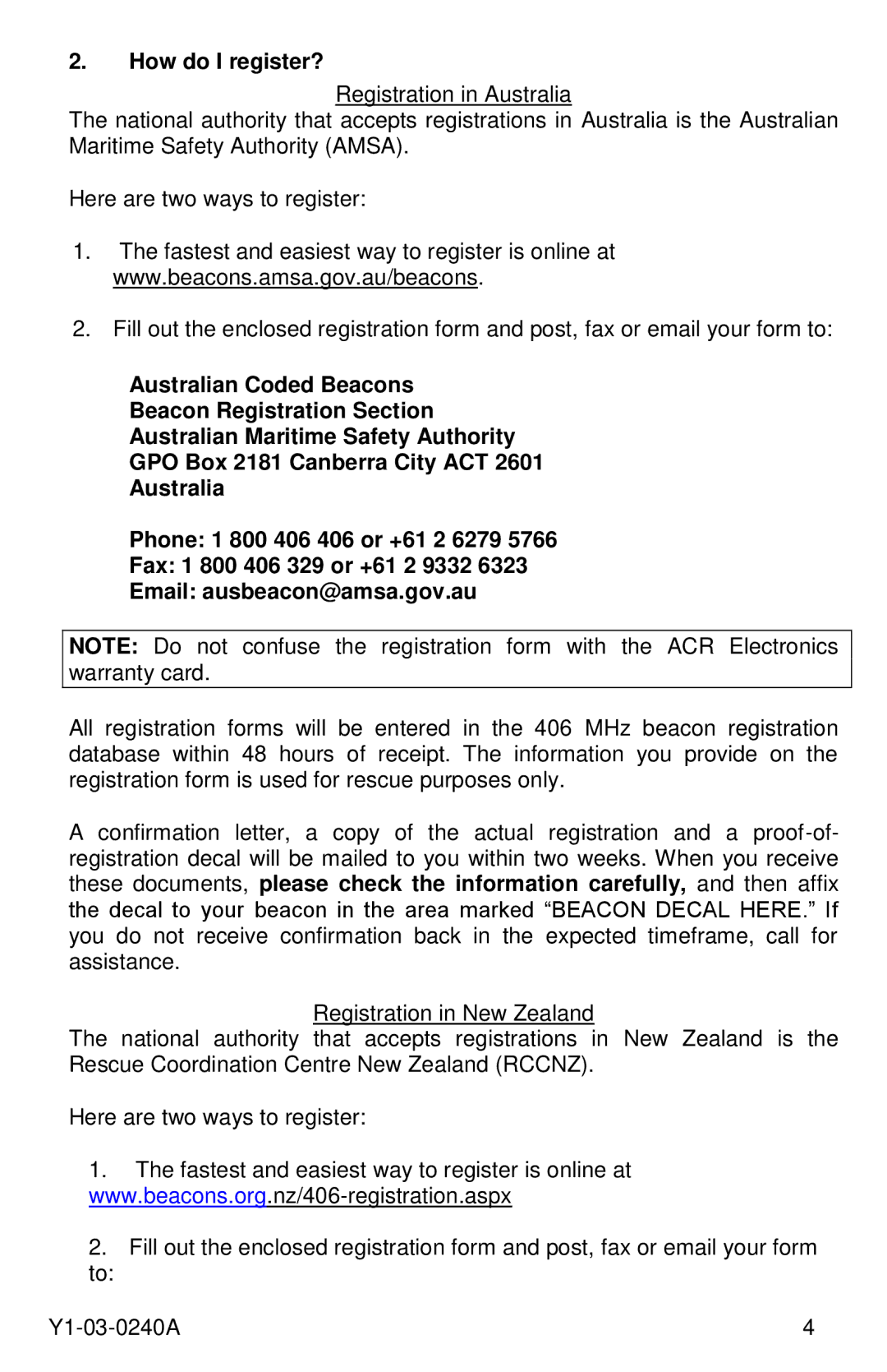 ACR Electronics Y1-03-0240A, RLB-40 manual How do I register? 