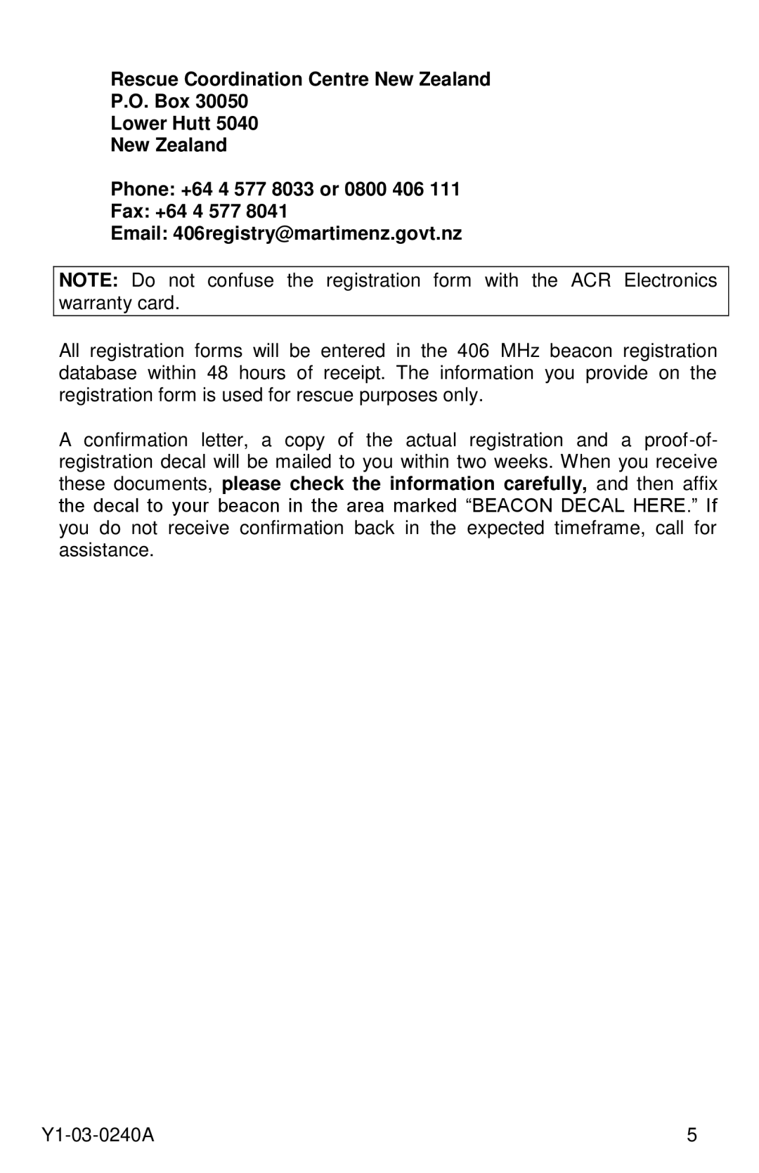 ACR Electronics RLB-40, Y1-03-0240A manual 