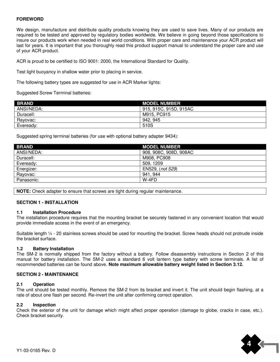 ACR Electronics SM-2, Y1-03-0165, 3940.1 manual Foreword, Brand Model Number, Installation, Maintenance 