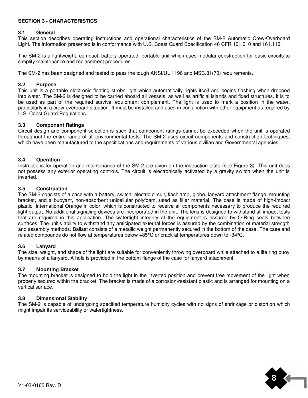 ACR Electronics 3940.1, Y1-03-0165, SM-2 manual Characteristics 