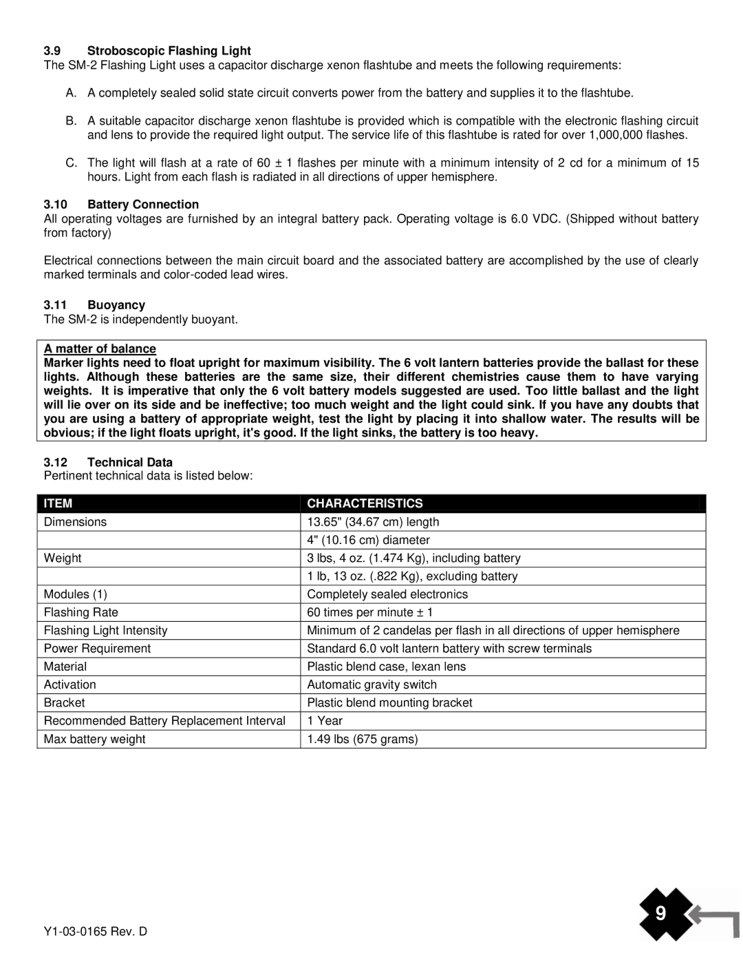 ACR Electronics Y1-03-0165, SM-2, 3940.1 manual Stroboscopic Flashing Light, Battery Connection, Buoyancy, Characteristics 