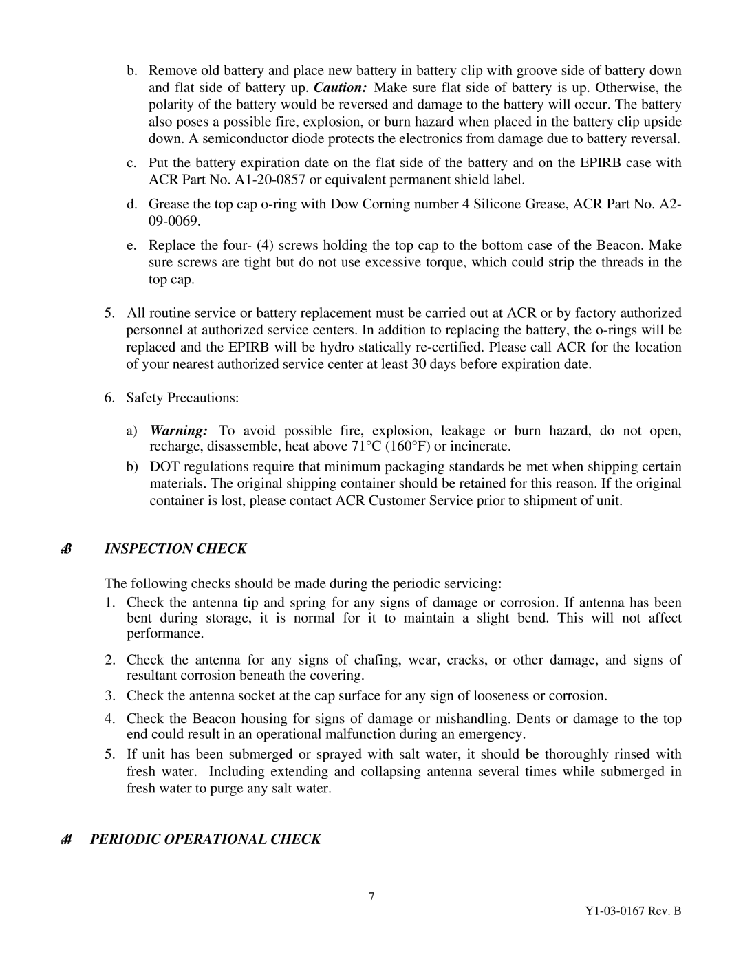 ACR Electronics 2766.6, Y1-03-0167 manual Inspection Check, Periodic Operational Check 