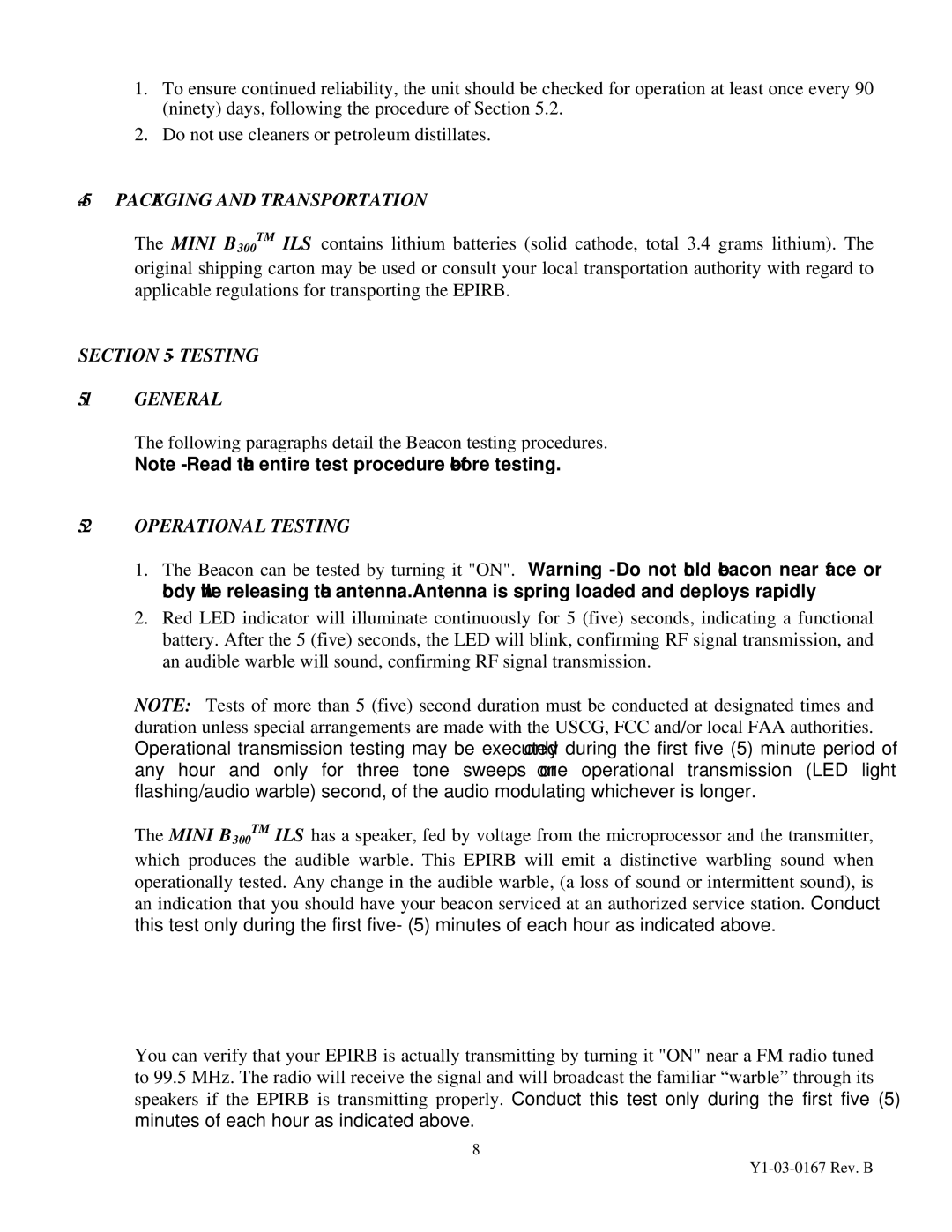 ACR Electronics Y1-03-0167, 2766.6 manual Packaging and Transportation, Testing General, Operational Testing 