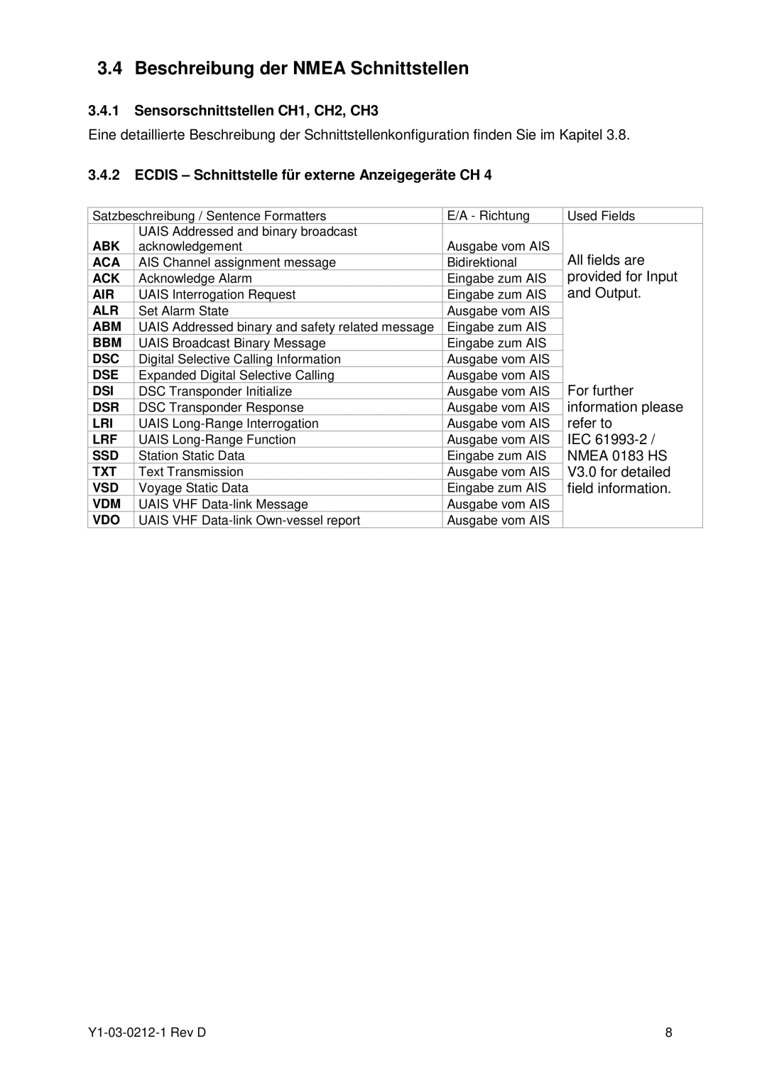 ACR Electronics Y1-03-0212-1 manual Beschreibung der Nmea Schnittstellen, Sensorschnittstellen CH1, CH2, CH3 