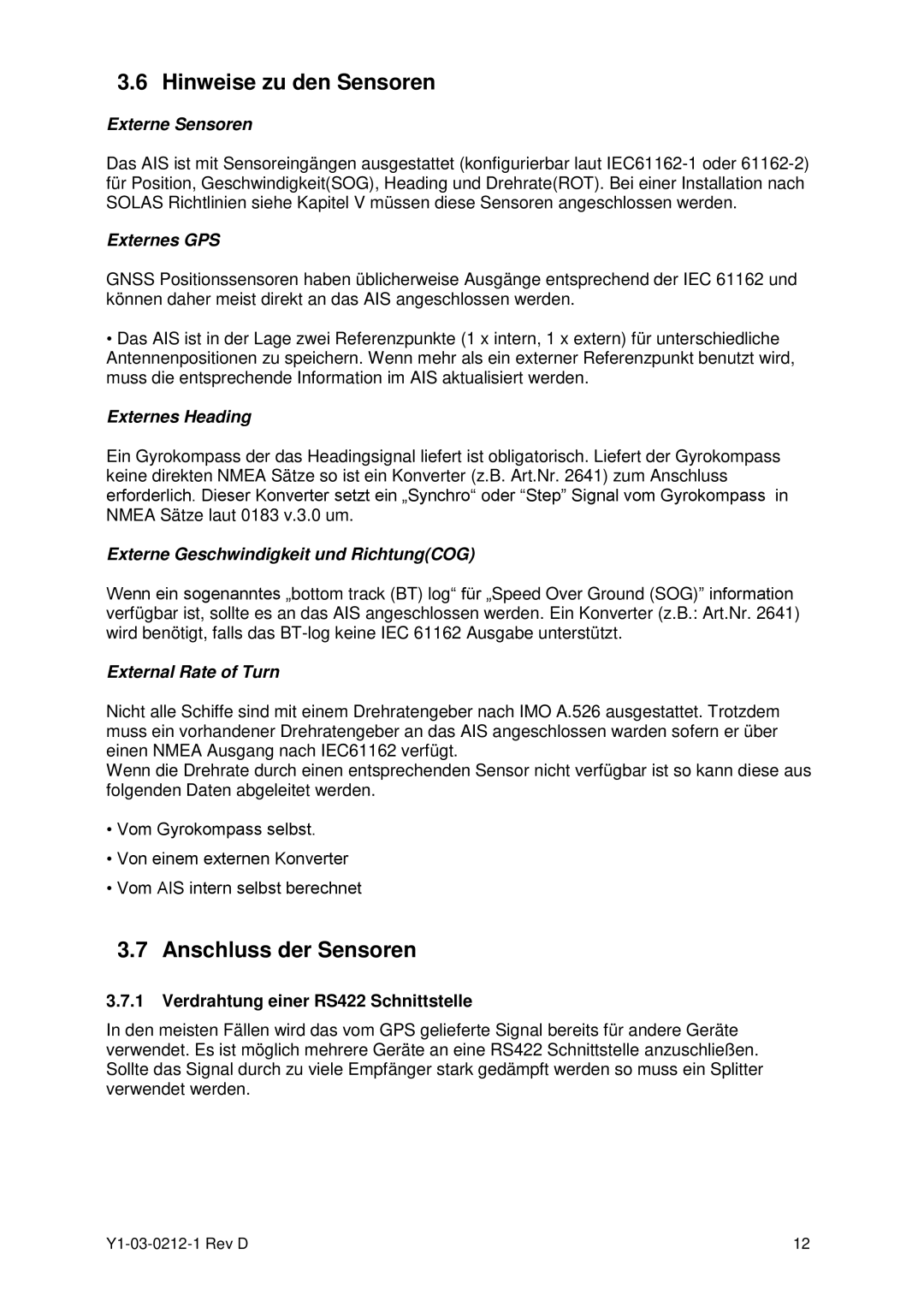 ACR Electronics Y1-03-0212-1 manual Hinweise zu den Sensoren, Anschluss der Sensoren, Verdrahtung einer RS422 Schnittstelle 