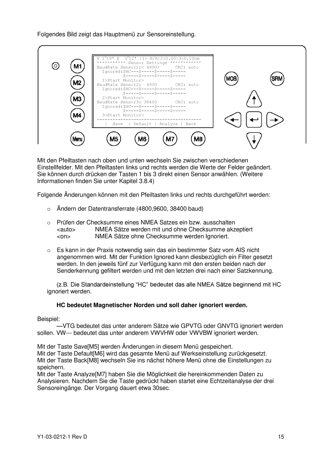 ACR Electronics Y1-03-0212-1 manual Folgendes Bild zeigt das Hauptmenü zur Sensoreinstellung 