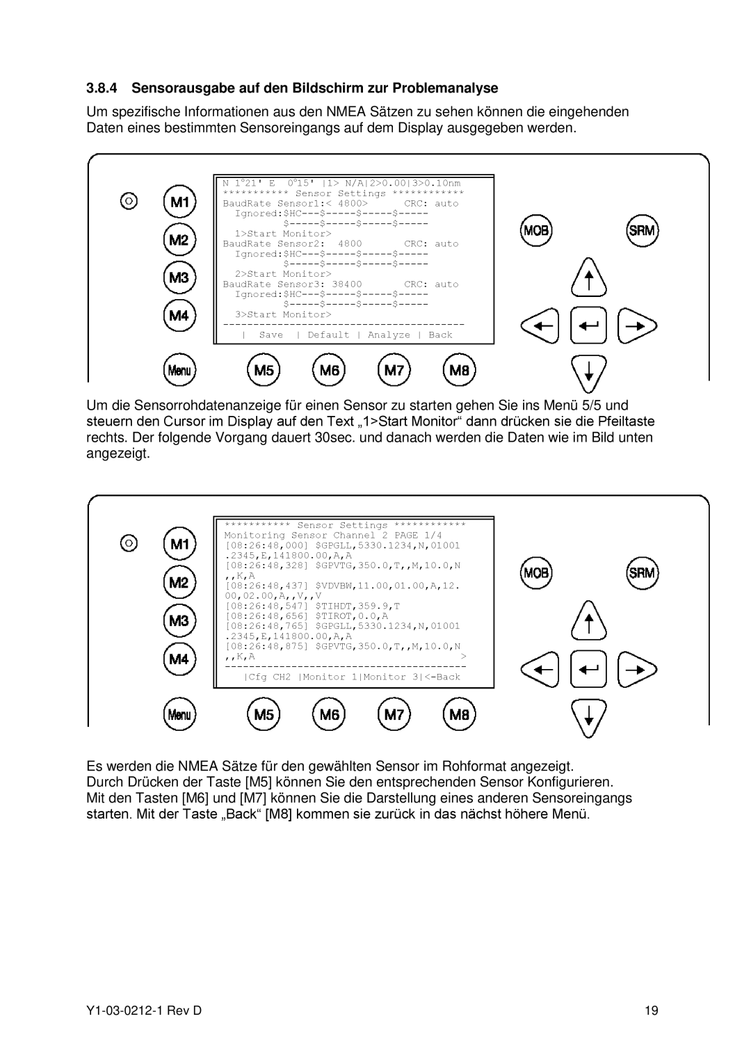 ACR Electronics Y1-03-0212-1 manual Sensorausgabe auf den Bildschirm zur Problemanalyse 