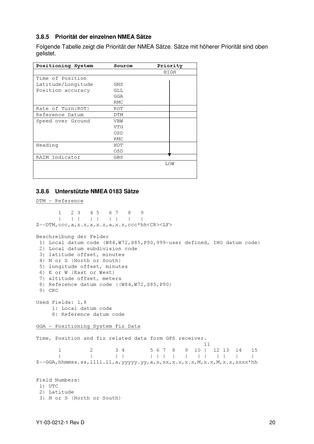 ACR Electronics Y1-03-0212-1 manual Priorität der einzelnen Nmea Sätze, Unterstützte Nmea 0183 Sätze 