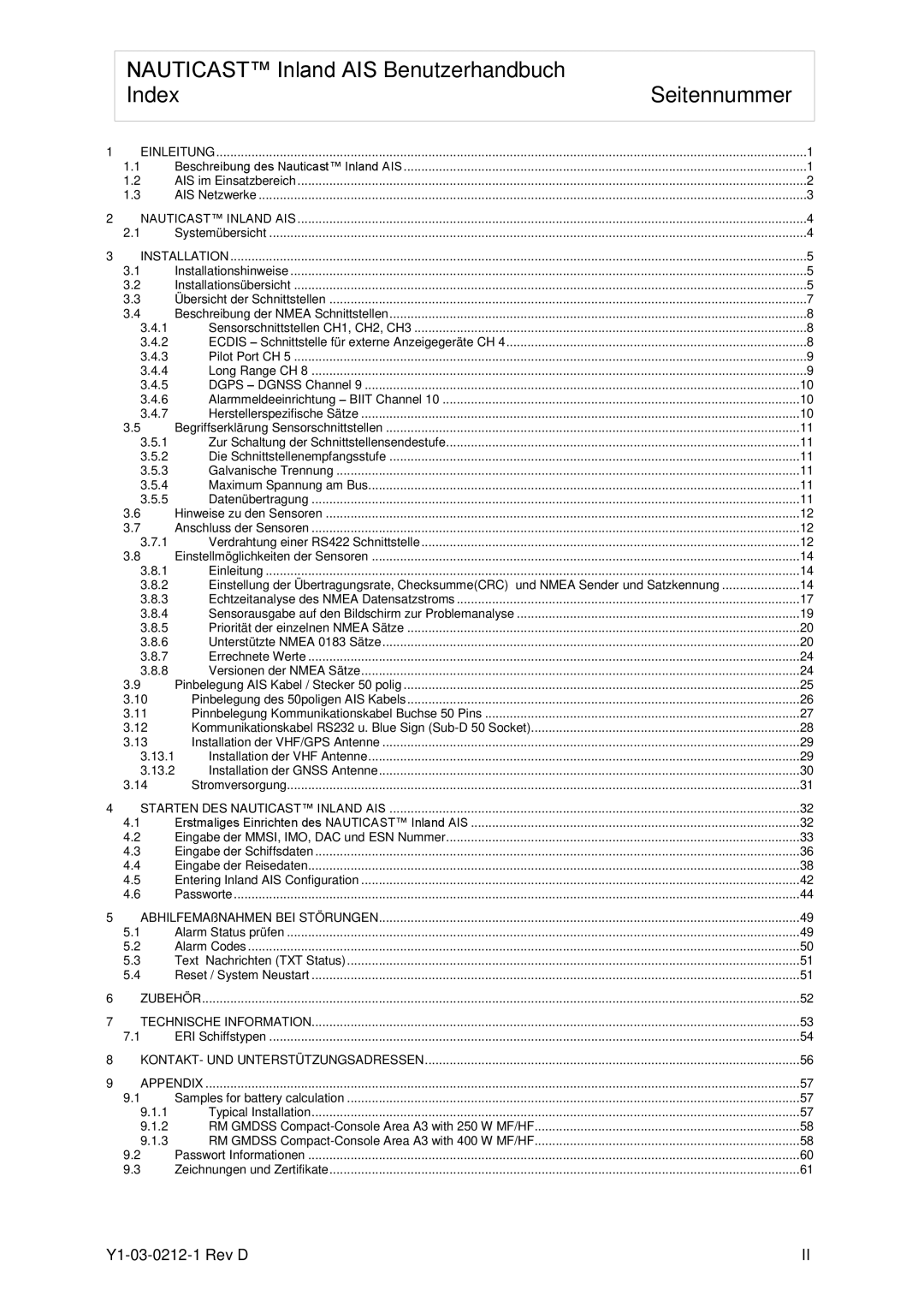 ACR Electronics Y1-03-0212-1 manual Nauticast Inland AIS Benutzerhandbuch Index Seitennummer 