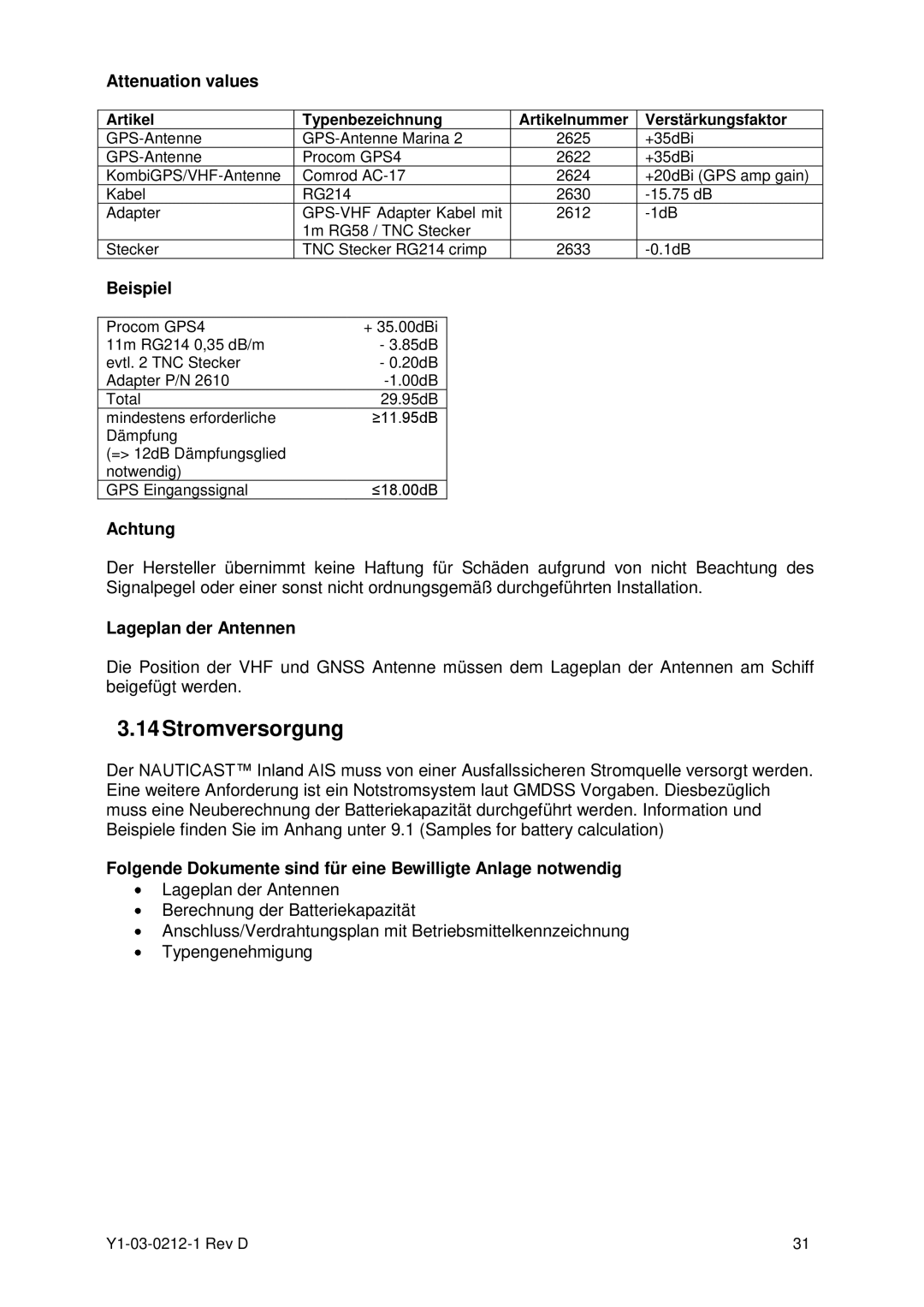 ACR Electronics Y1-03-0212-1 manual Stromversorgung, Attenuation values, Beispiel, Achtung, Lageplan der Antennen 