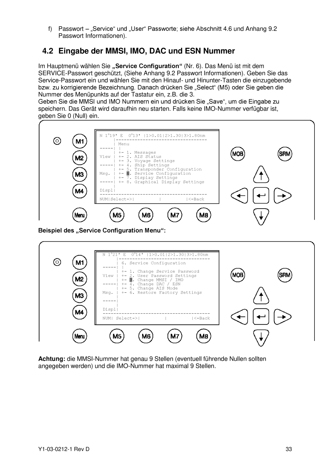 ACR Electronics Y1-03-0212-1 manual Eingabe der MMSI, IMO, DAC und ESN Nummer, Beispiel des „Service Configuration Menu 