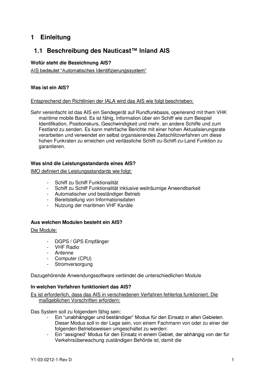 ACR Electronics Y1-03-0212-1 manual Einleitung Beschreibung des Nauticast Inland AIS 