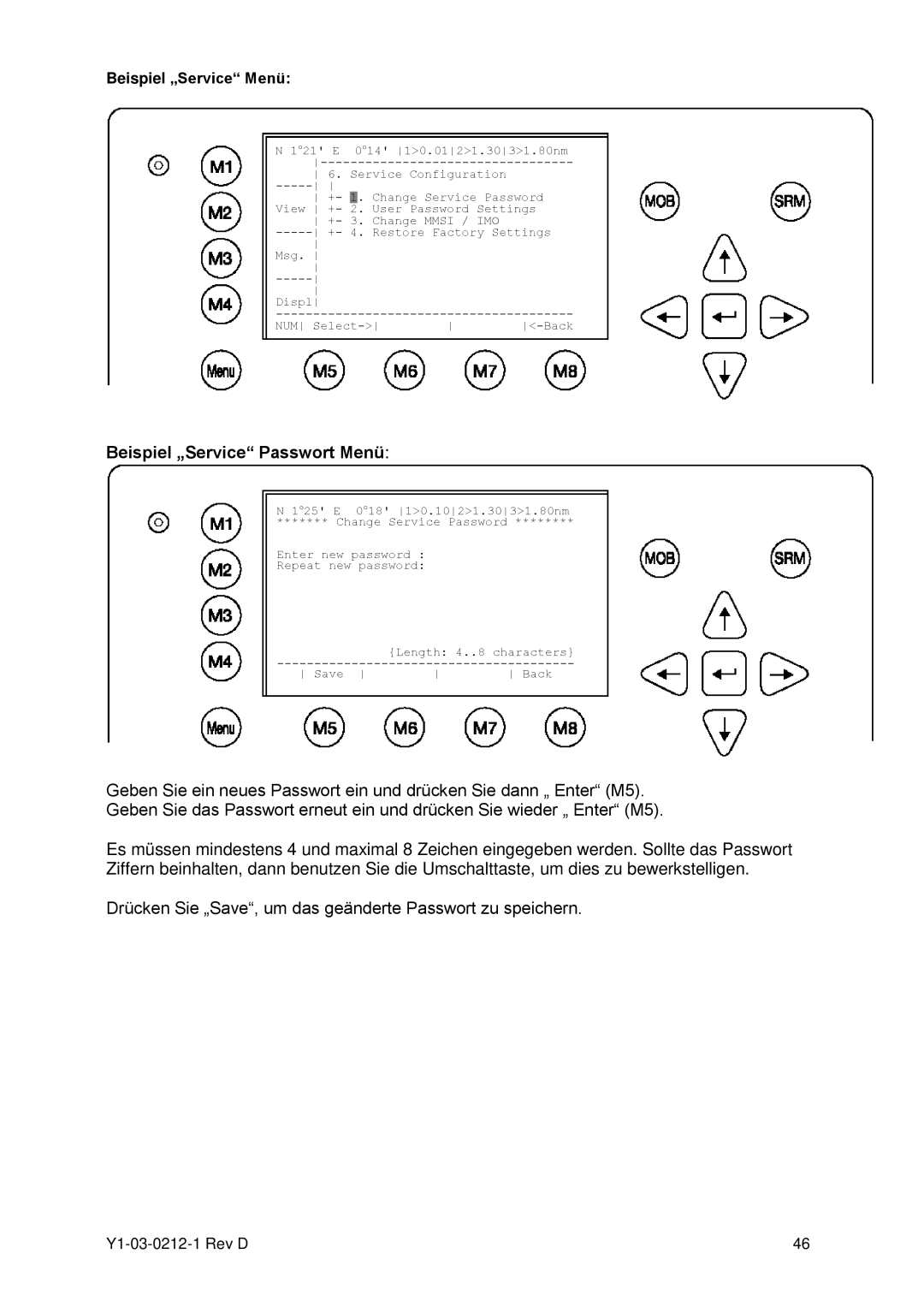 ACR Electronics Y1-03-0212-1 manual Beispiel „Service Passwort Menü, Beispiel „Service Menü 