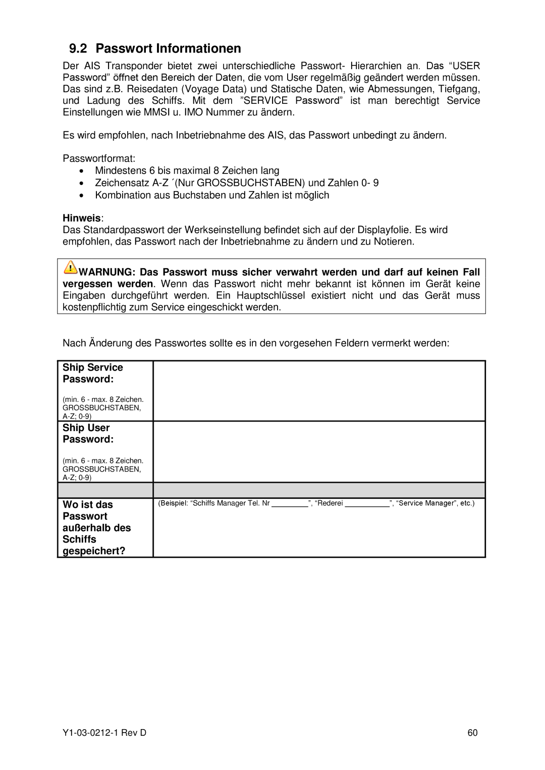 ACR Electronics Y1-03-0212-1 manual Passwort Informationen, Ship Service Password, Ship User Password, Wo ist das 