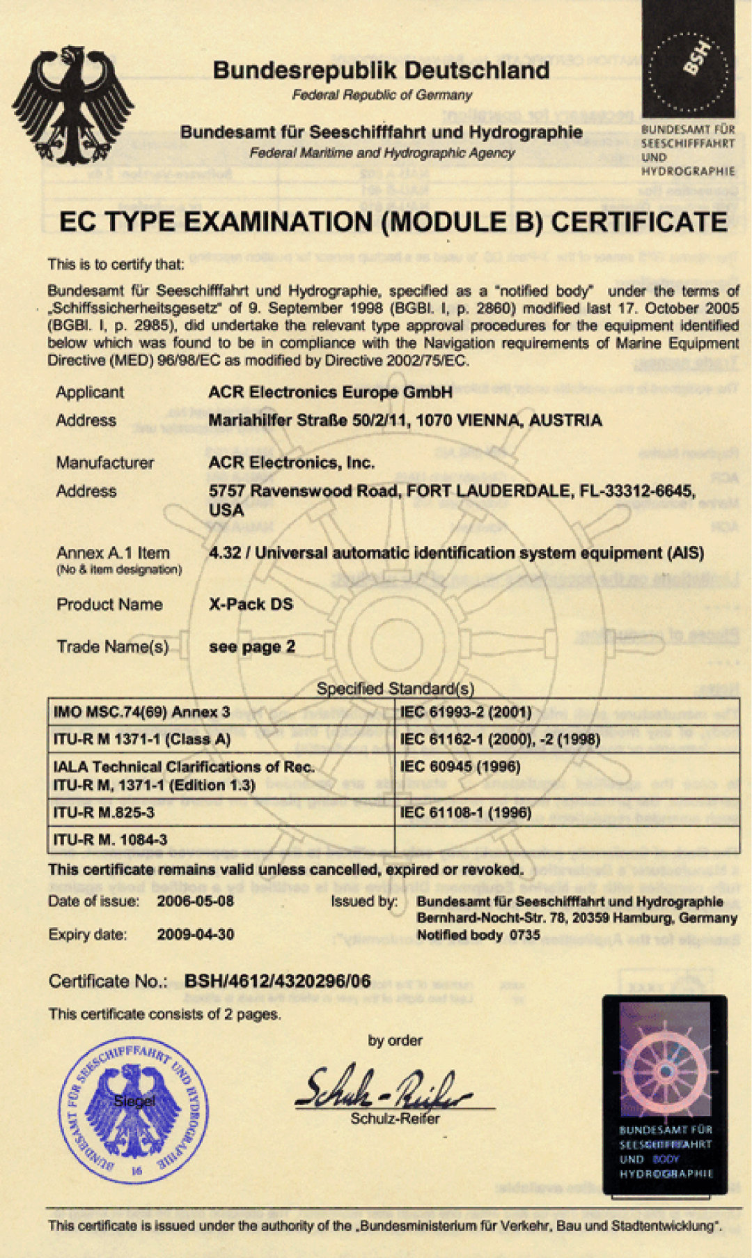 ACR Electronics Y1-03-0212-1 manual 