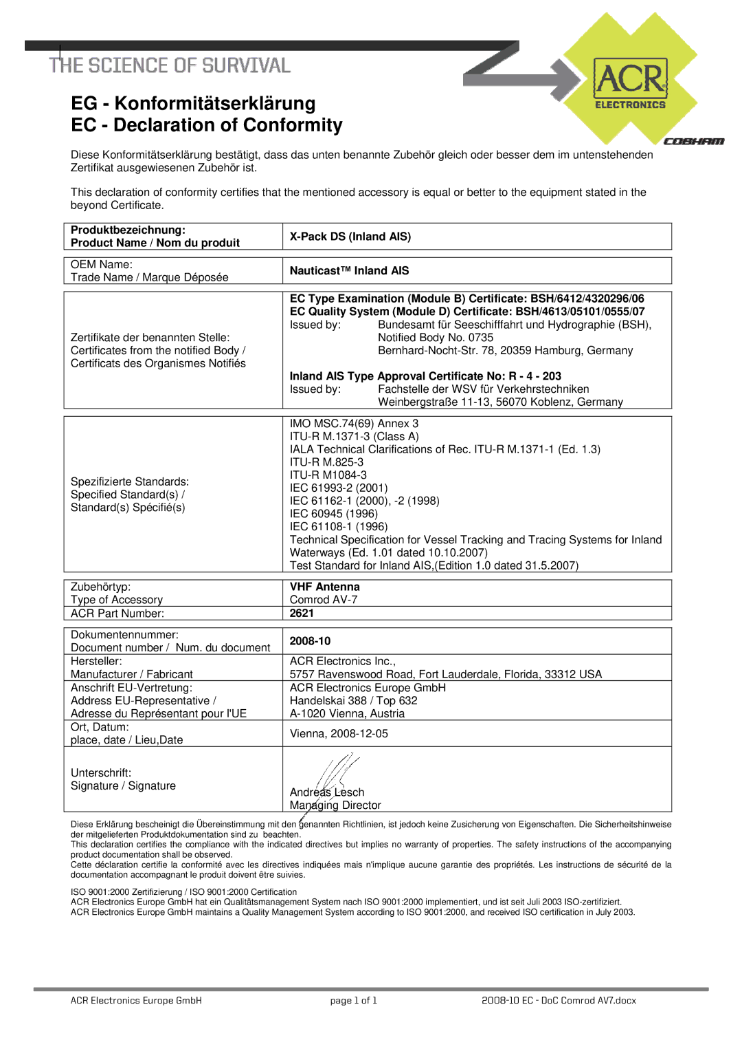 ACR Electronics Y1-03-0212-1 manual EG Konformitätserklärung EC Declaration of Conformity 