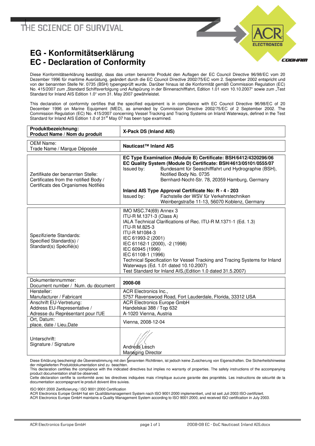 ACR Electronics Y1-03-0212-1 manual 2008-08 