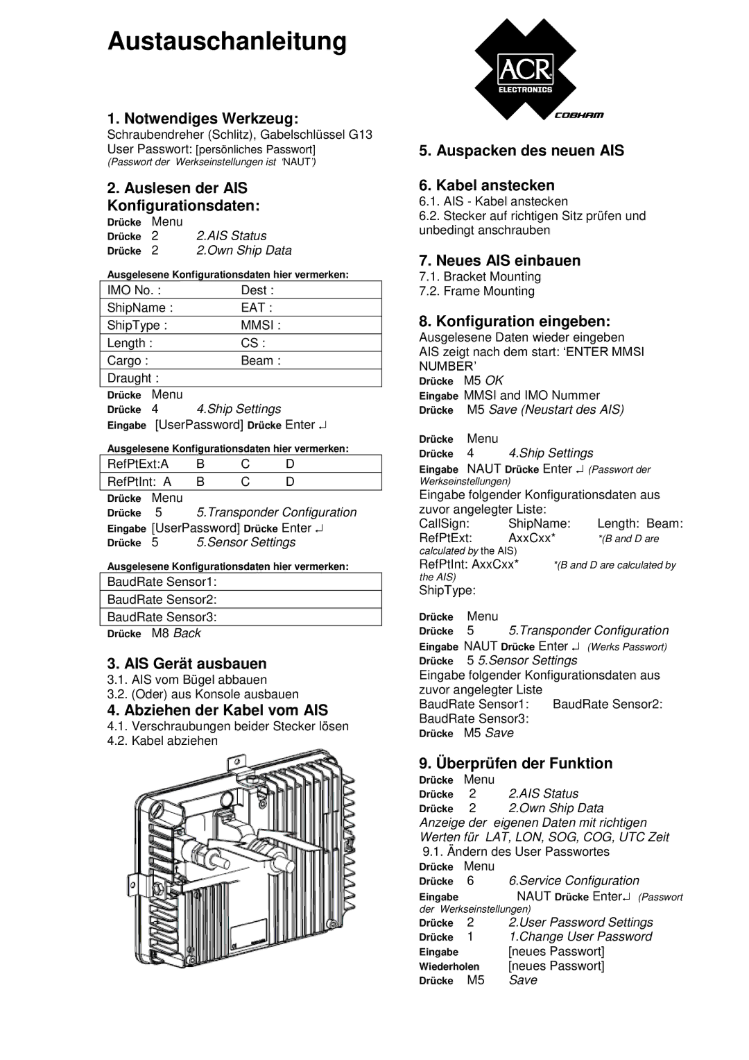 ACR Electronics Y1-03-0212-1 manual Austauschanleitung 