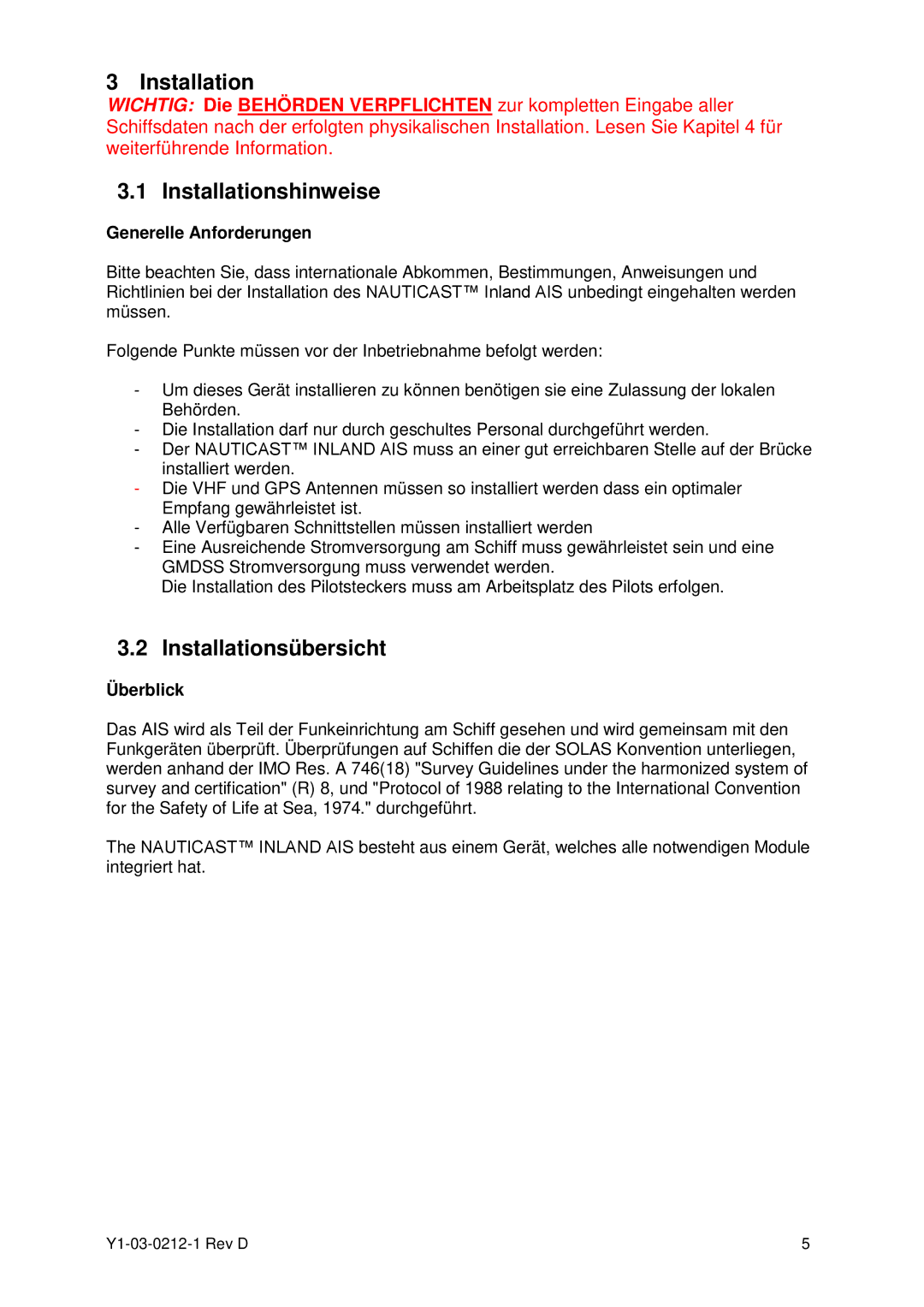 ACR Electronics Y1-03-0212-1 manual Installationshinweise, Installationsübersicht, Generelle Anforderungen, Überblick 