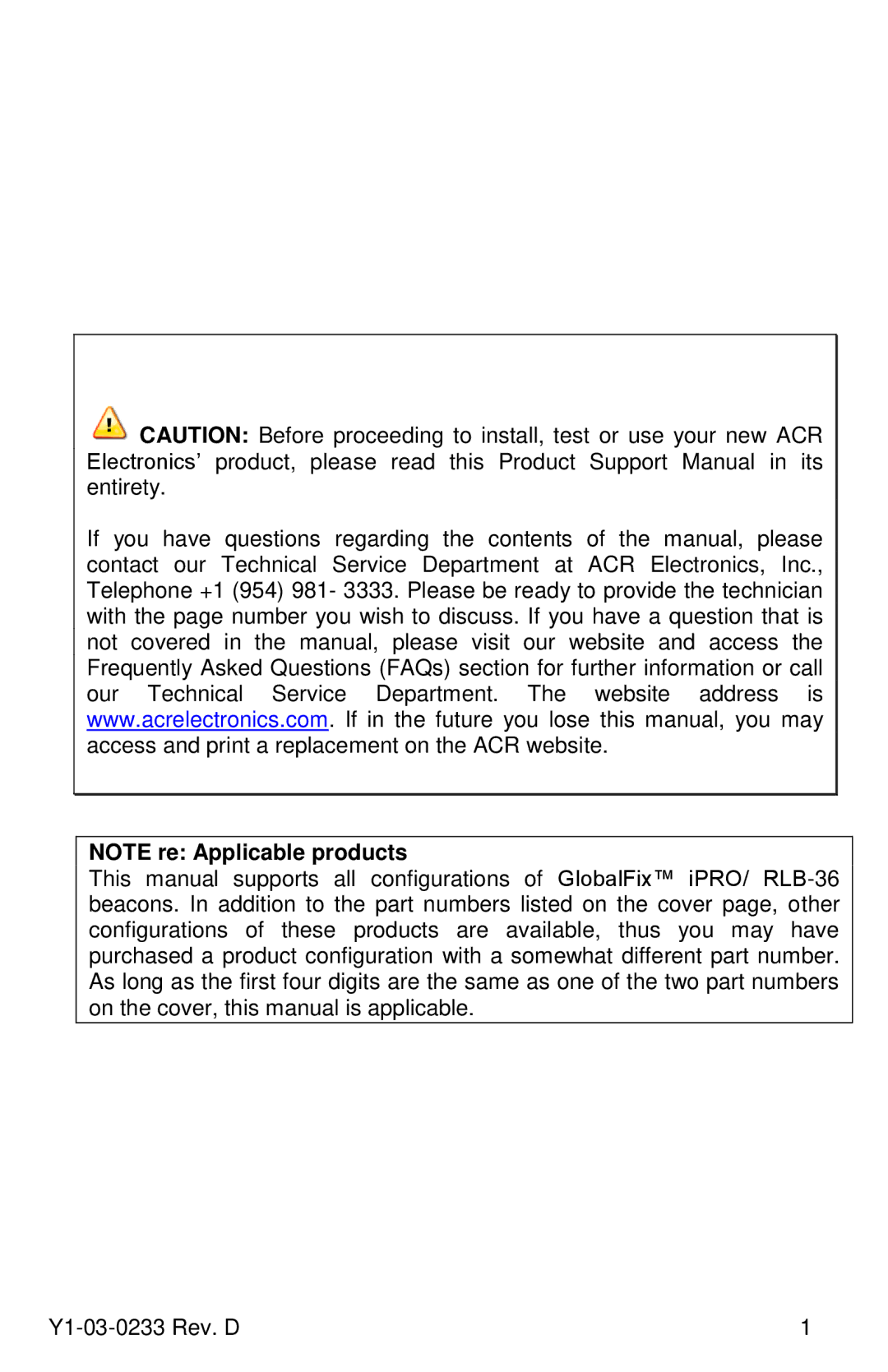 ACR Electronics Y1-03-0233, RLB-36 manual 