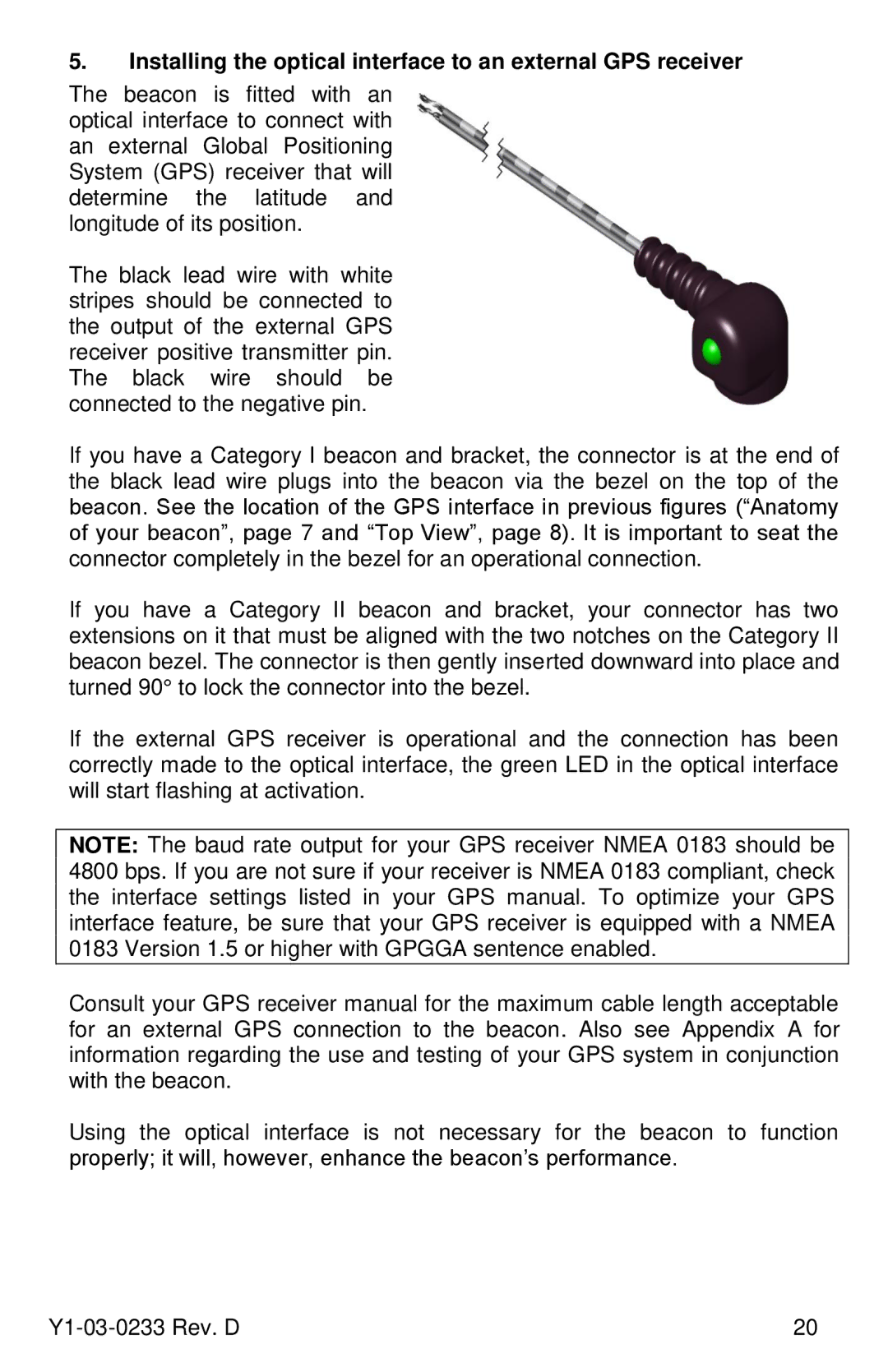 ACR Electronics RLB-36, Y1-03-0233 manual Installing the optical interface to an external GPS receiver 