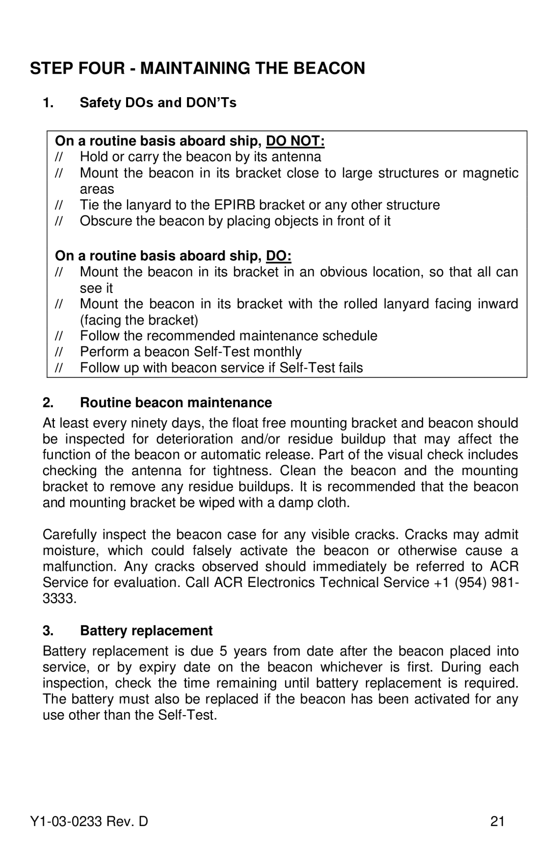 ACR Electronics Y1-03-0233 manual Step Four Maintaining the Beacon, On a routine basis aboard ship, do, Battery replacement 