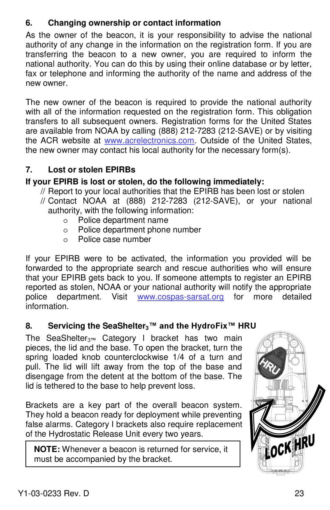 ACR Electronics Y1-03-0233 manual Changing ownership or contact information, Servicing the SeaShelter3 and the HydroFix HRU 