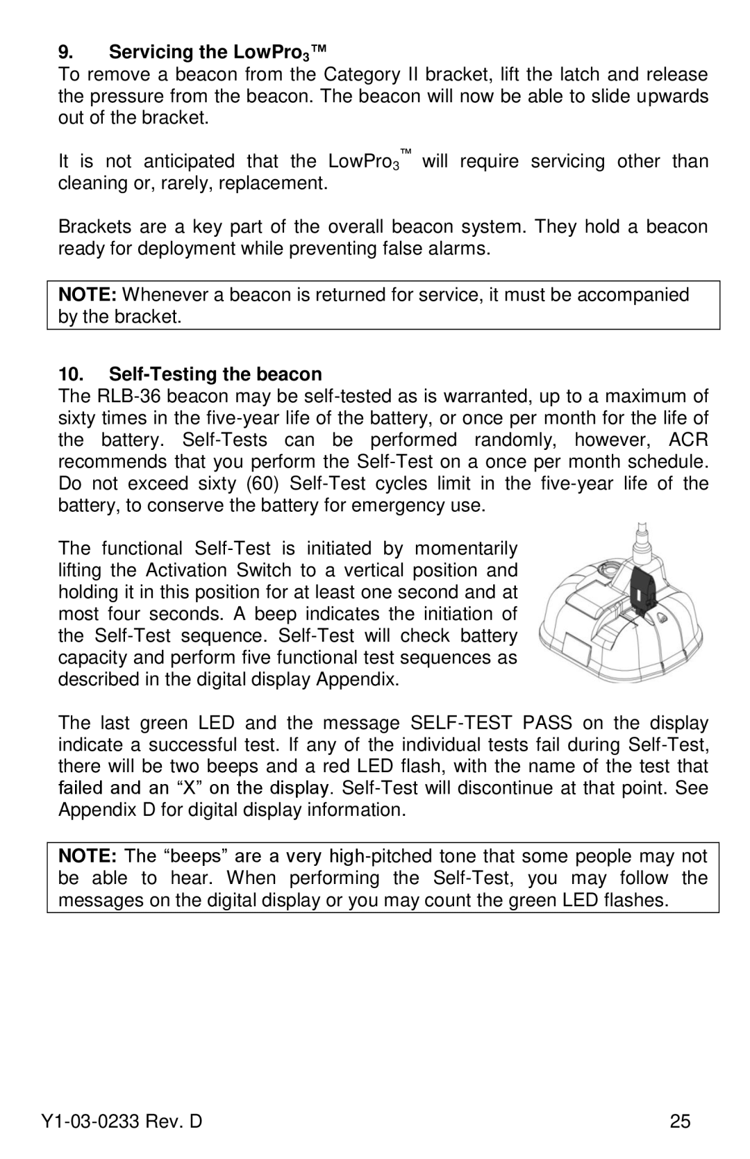 ACR Electronics Y1-03-0233, RLB-36 manual Servicing the LowPro3, Self-Testing the beacon 