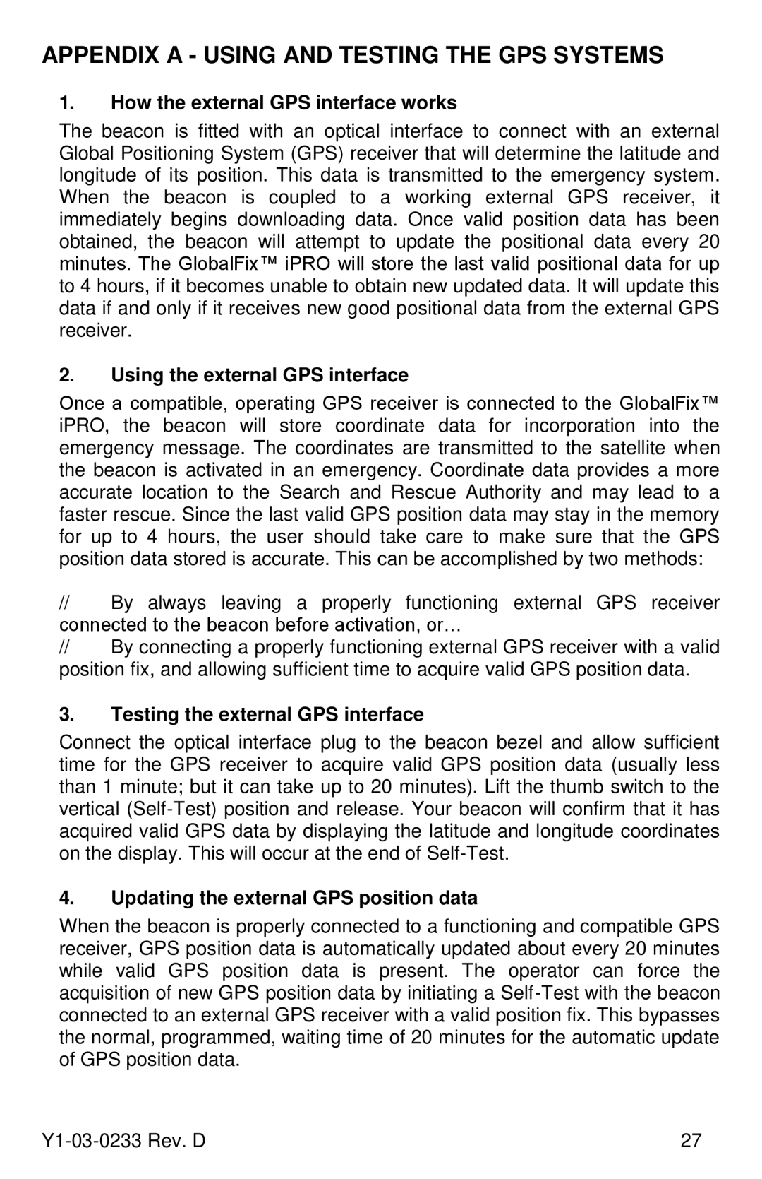 ACR Electronics Y1-03-0233, RLB-36 manual Appendix a Using and Testing the GPS Systems, How the external GPS interface works 