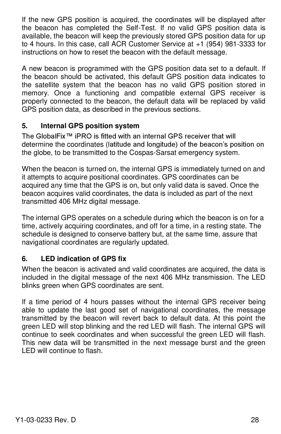 ACR Electronics RLB-36, Y1-03-0233 manual Internal GPS position system, LED indication of GPS fix 