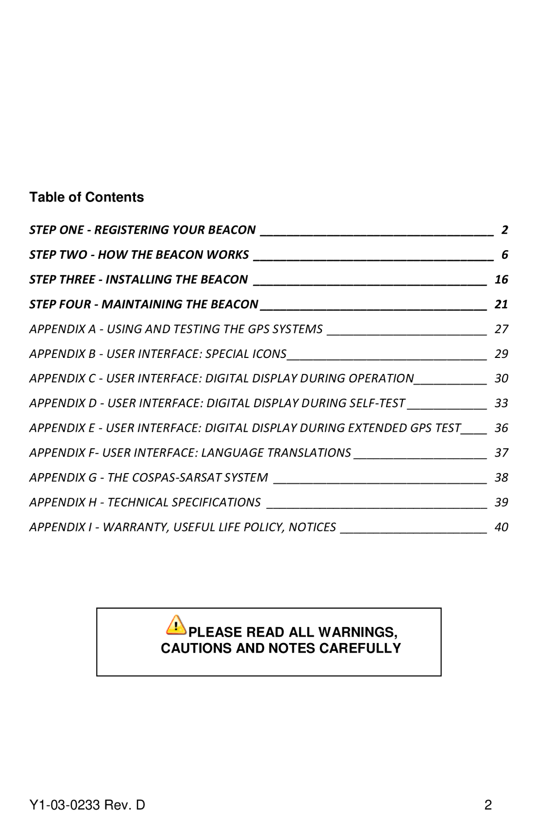 ACR Electronics RLB-36, Y1-03-0233 manual Table of Contents 