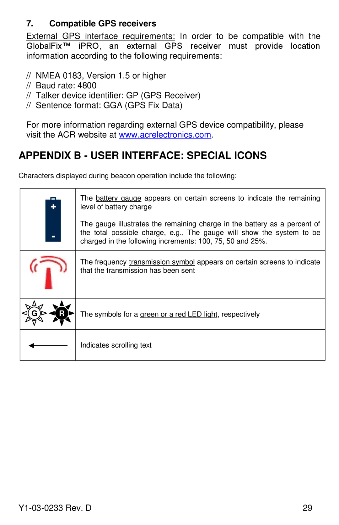 ACR Electronics Y1-03-0233, RLB-36 manual Appendix B User Interface Special Icons, Compatible GPS receivers 