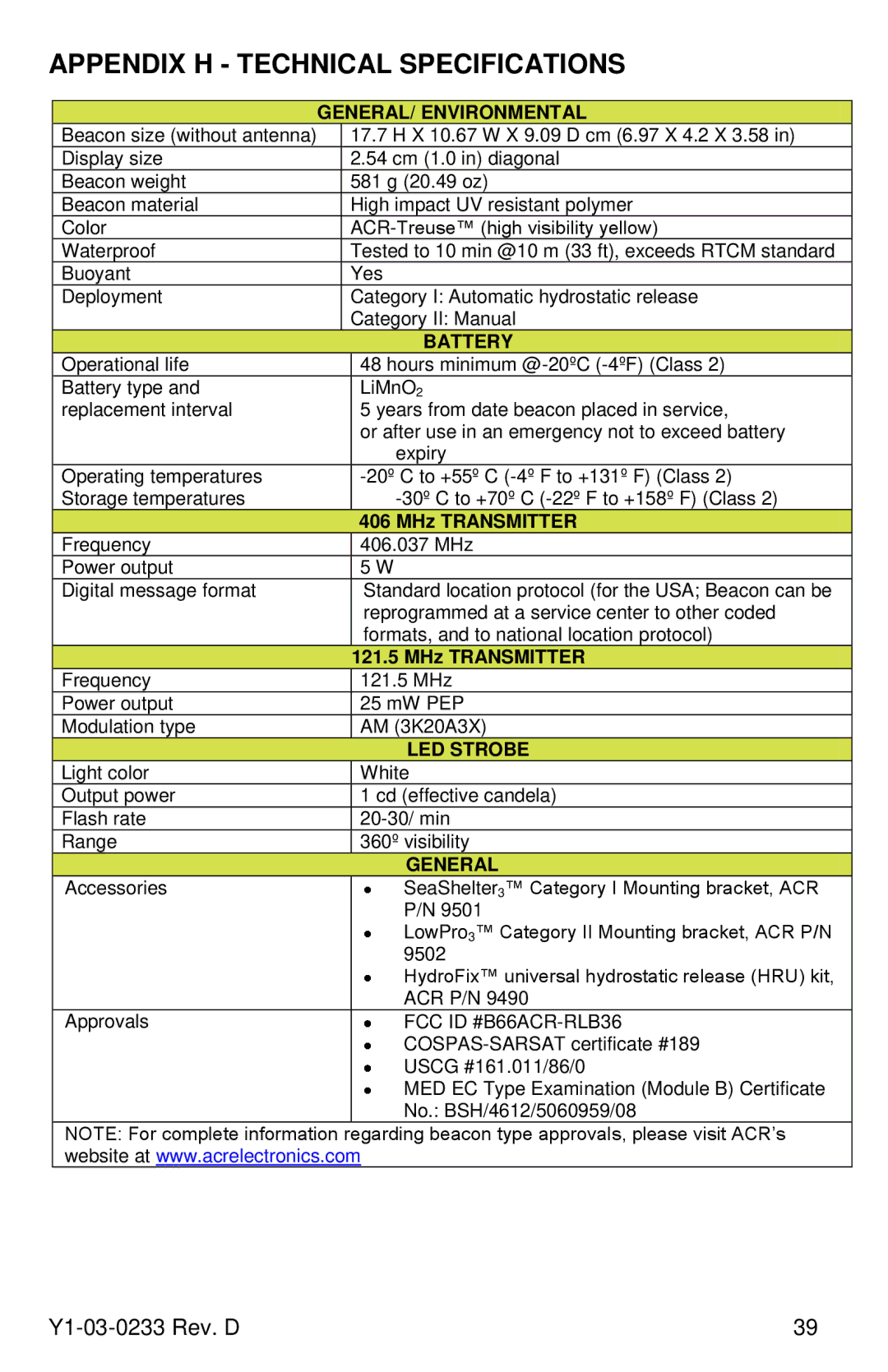 ACR Electronics Y1-03-0233, RLB-36 manual Appendix H Technical Specifications, GENERAL/ Environmental 