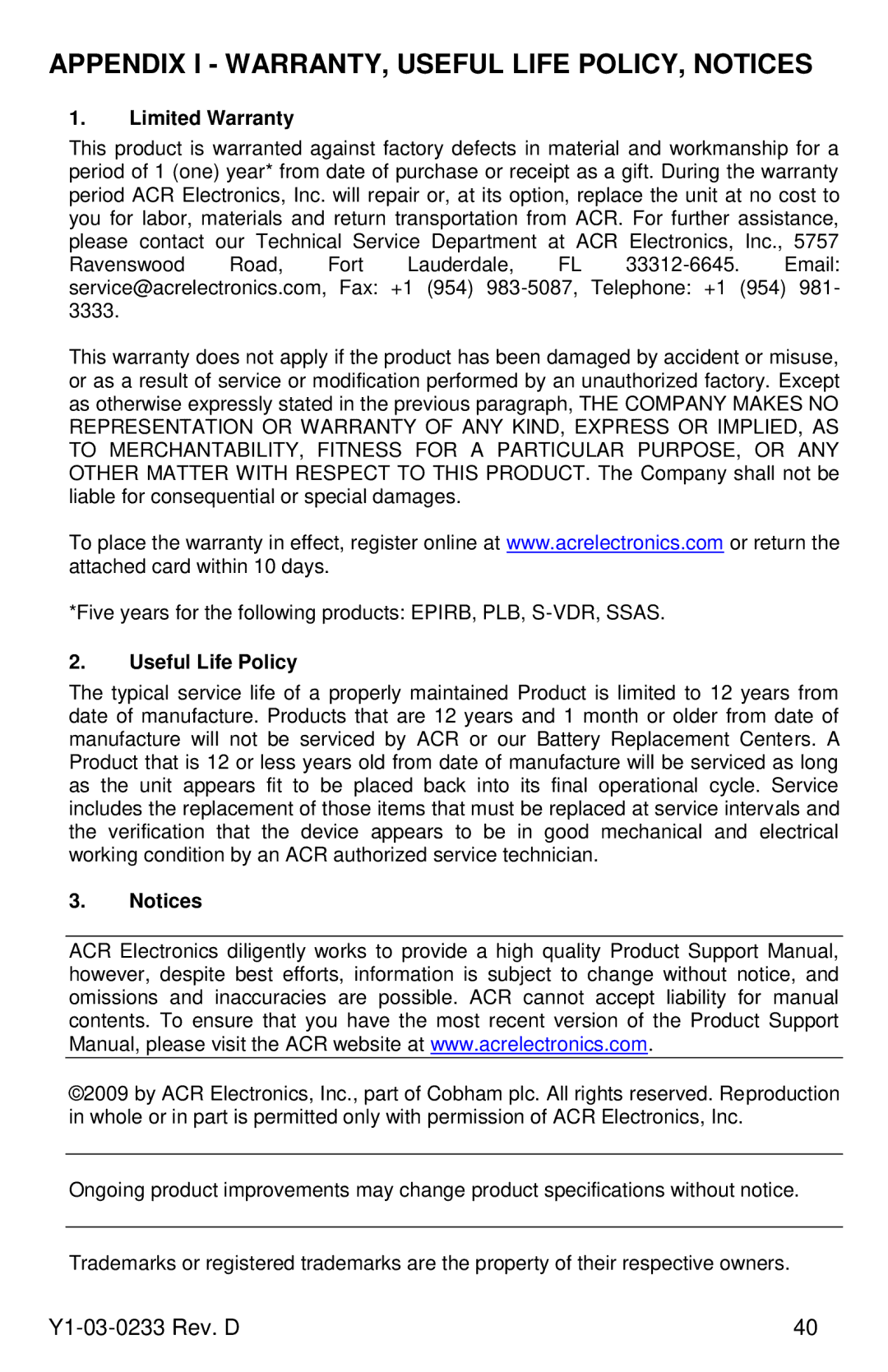 ACR Electronics RLB-36, Y1-03-0233 manual Appendix I WARRANTY, Useful Life POLICY, Notices, Limited Warranty 