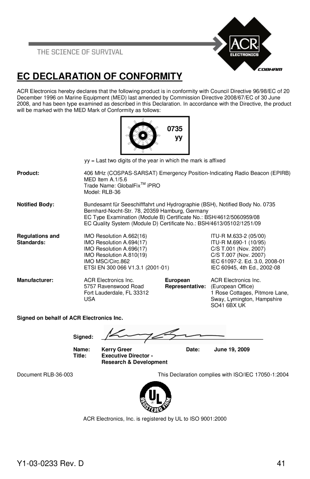 ACR Electronics Y1-03-0233, RLB-36 manual EC Declaration of Conformity, 0735 