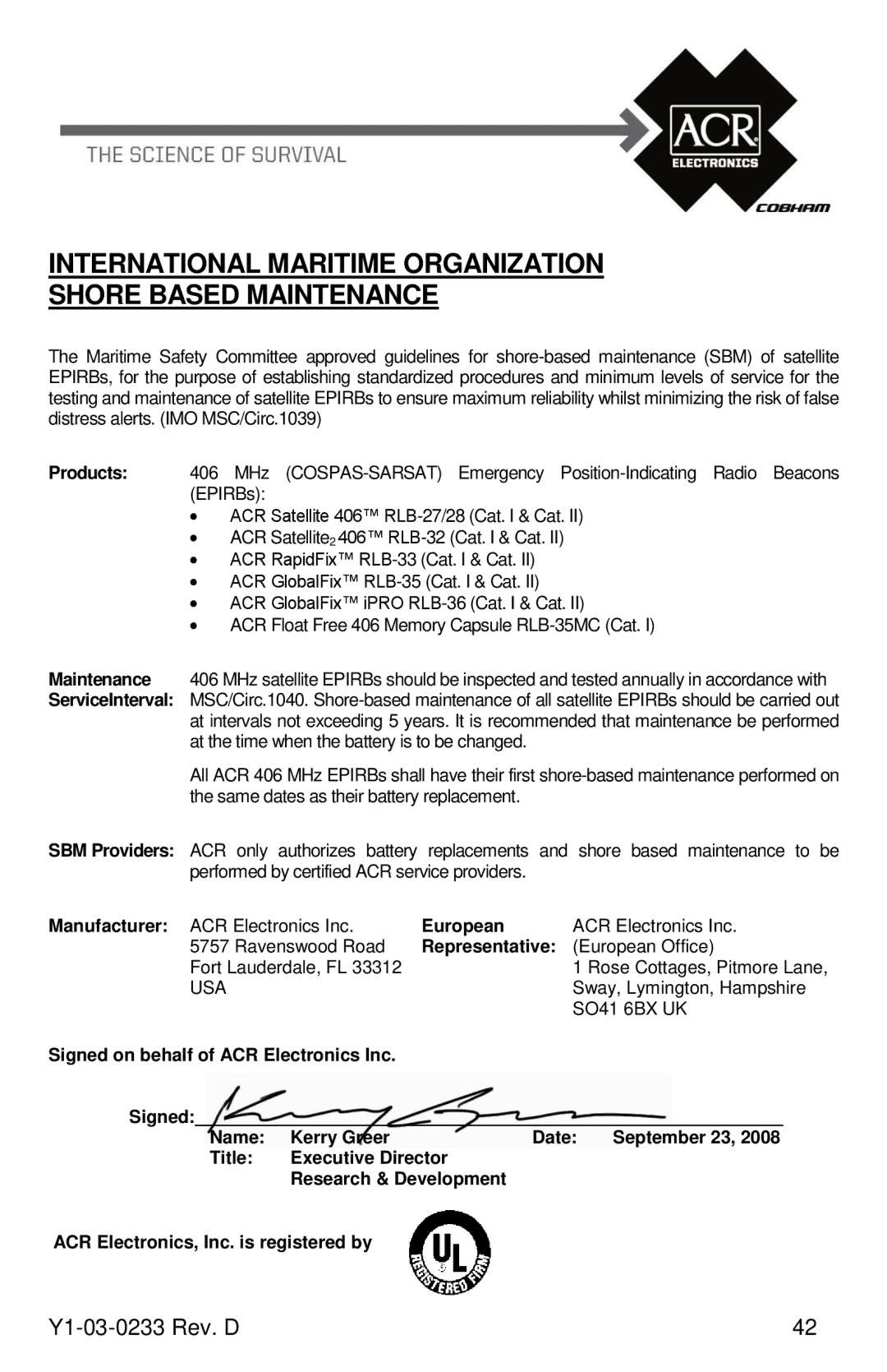 ACR Electronics RLB-36, Y1-03-0233 manual International Maritime Organization Shore Based Maintenance, Representative 