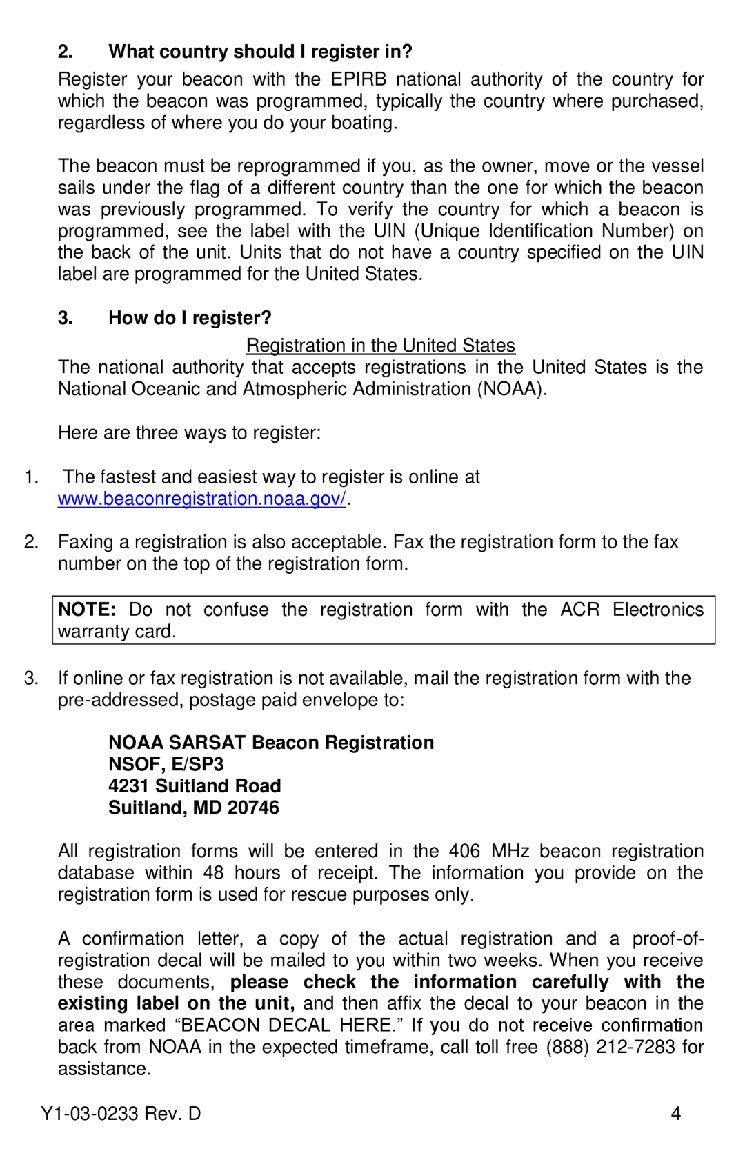 ACR Electronics RLB-36, Y1-03-0233 What country should I register in?, How do I register?, Noaa Sarsat Beacon Registration 