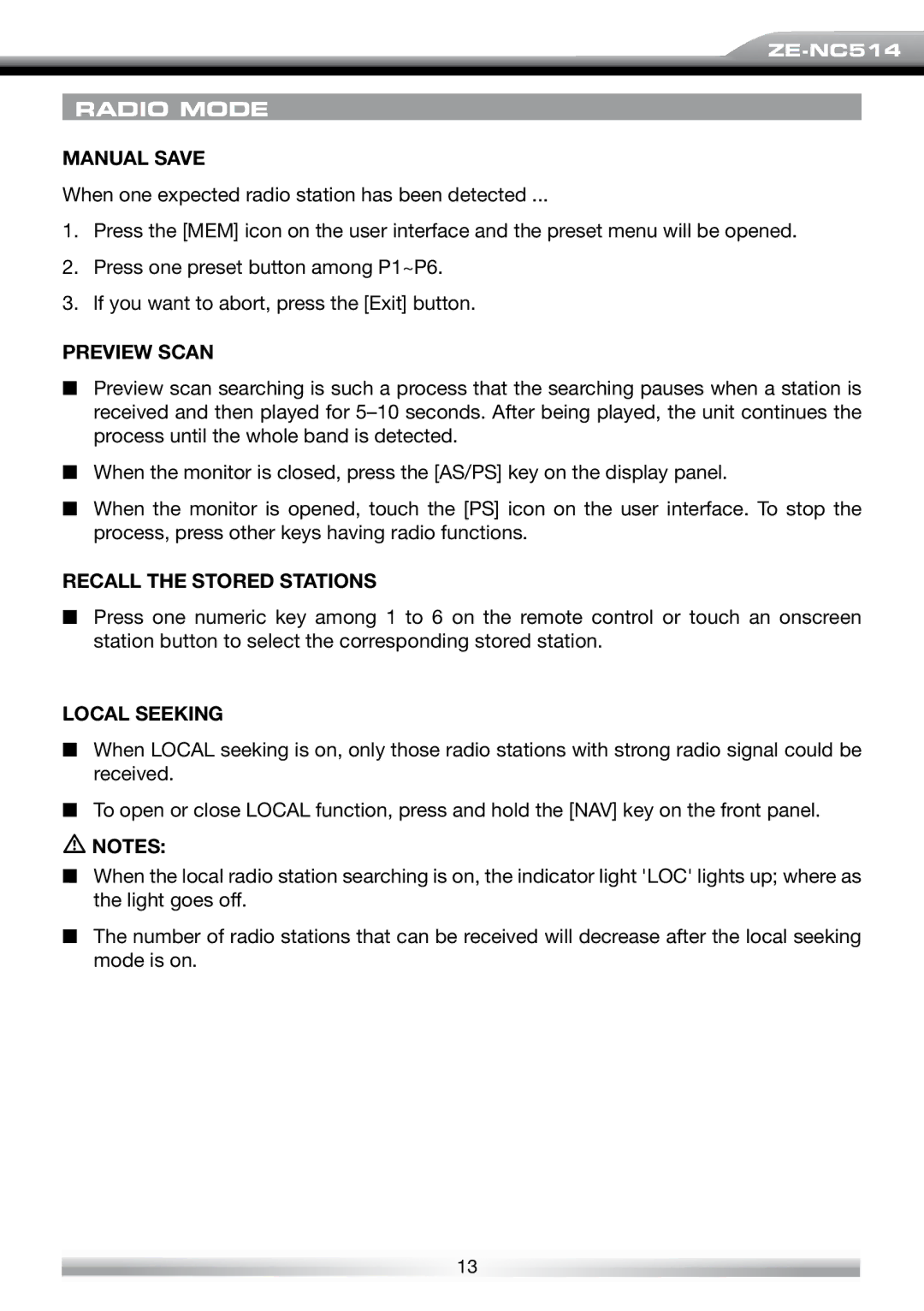 ACR Electronics ZE-NES14 user manual Manual Save, Preview Scan, Recall the Stored Stations, Local Seeking 