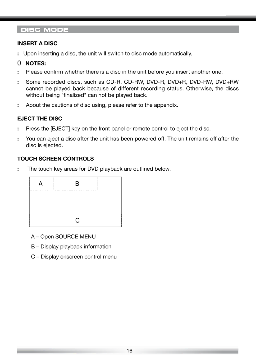 ACR Electronics ZE-NES14 user manual Disc Mode, Insert a Disc, Eject the Disc, Touch Screen Controls 