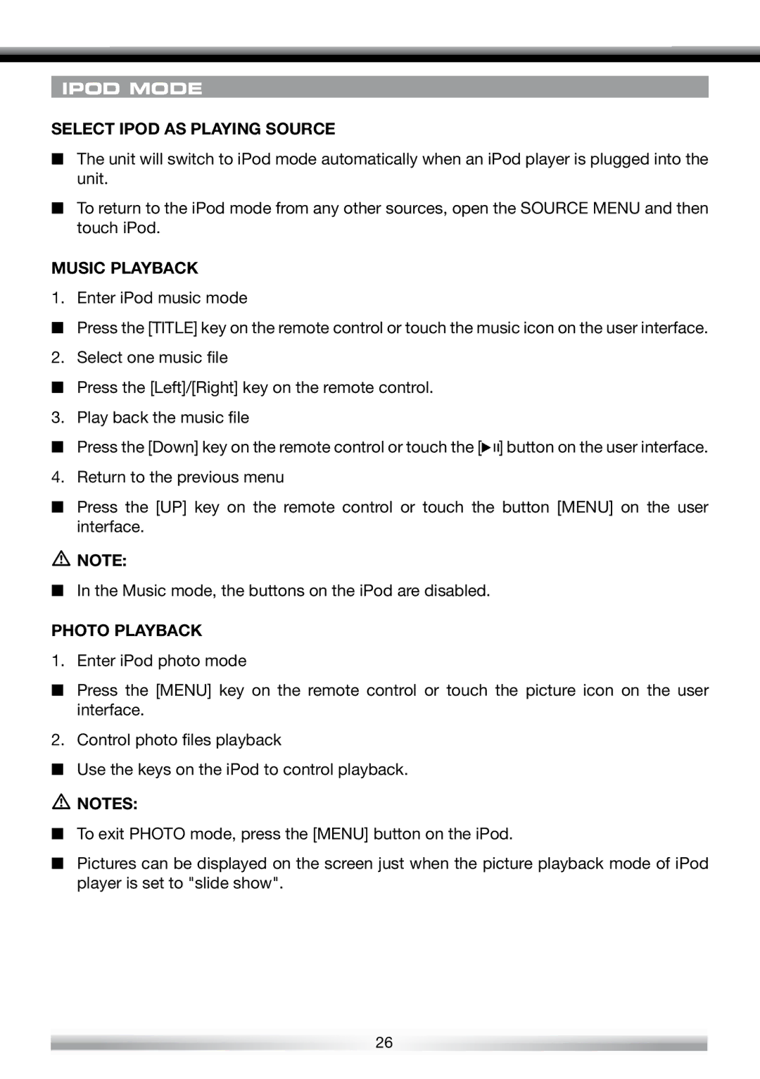 ACR Electronics ZE-NES14 user manual Ipod Mode, Select Ipod AS Playing Source, Music Playback, Photo Playback 