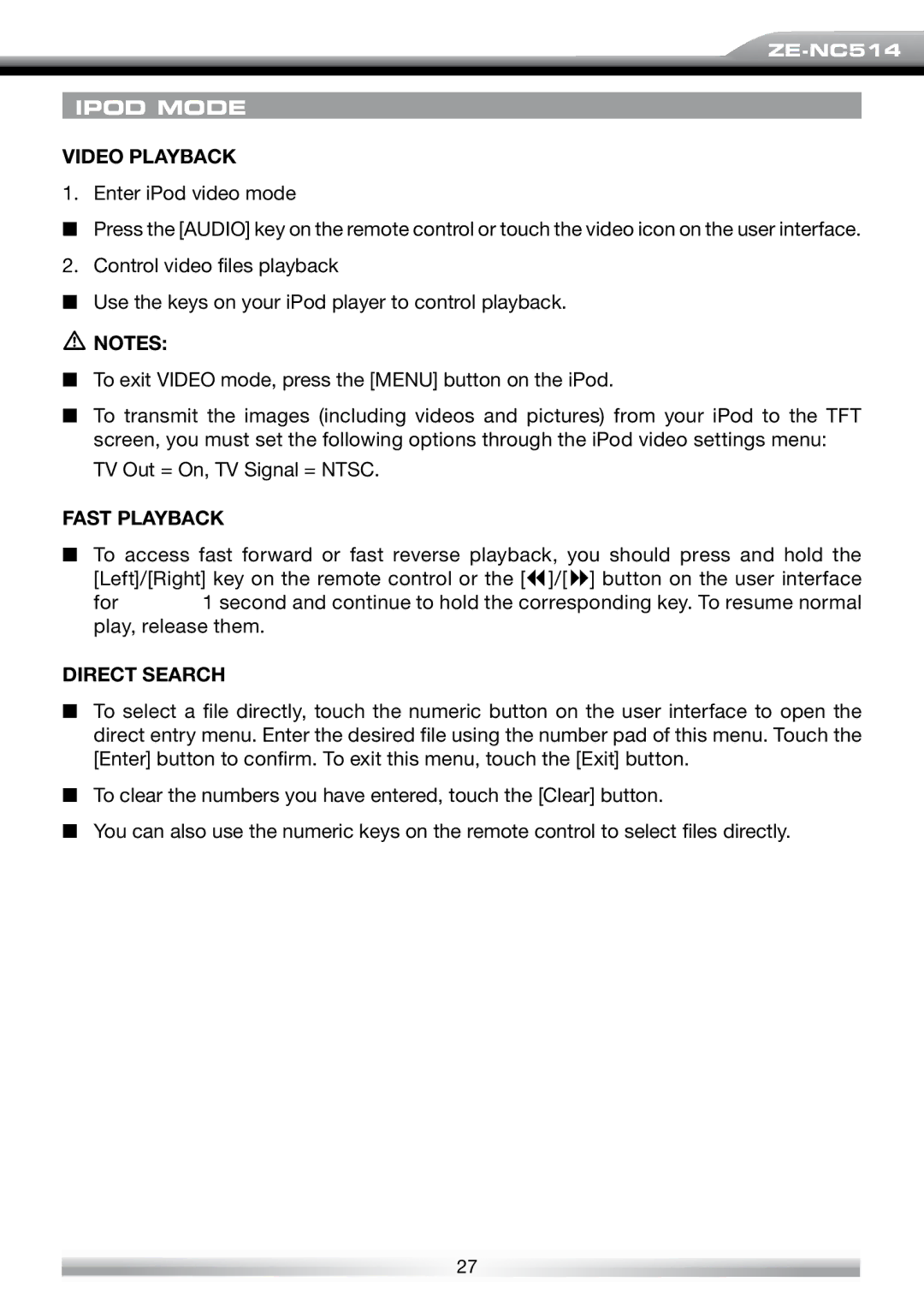 ACR Electronics ZE-NES14 user manual Video Playback, Fast Playback 