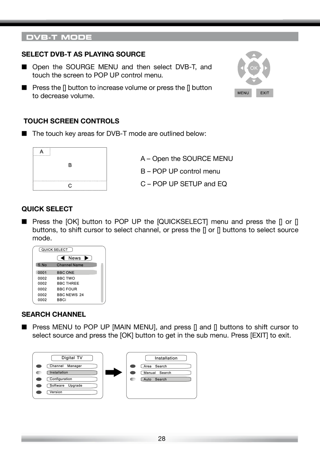 ACR Electronics ZE-NES14 user manual DVB-T Mode, Select DVB-T AS Playing Source, Quick Select, Search Channel 