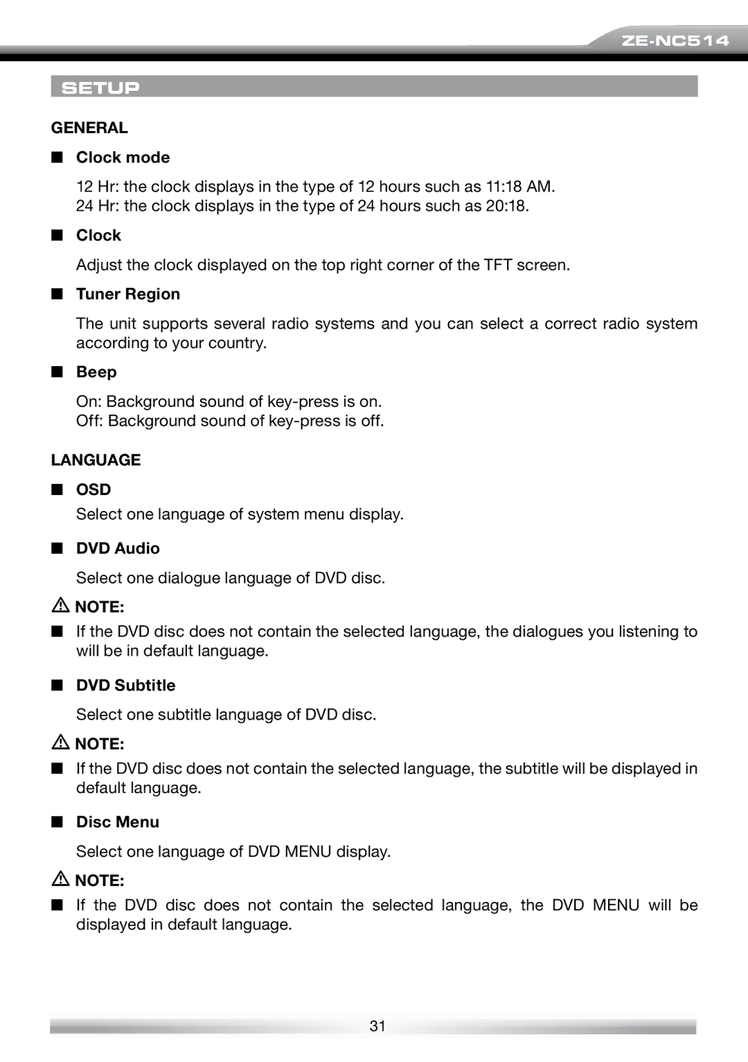 ACR Electronics ZE-NES14 user manual General, Language OSD 