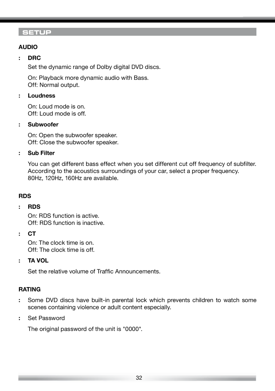 ACR Electronics ZE-NES14 user manual Audio DRC, Rds, Ta Vol, Rating 