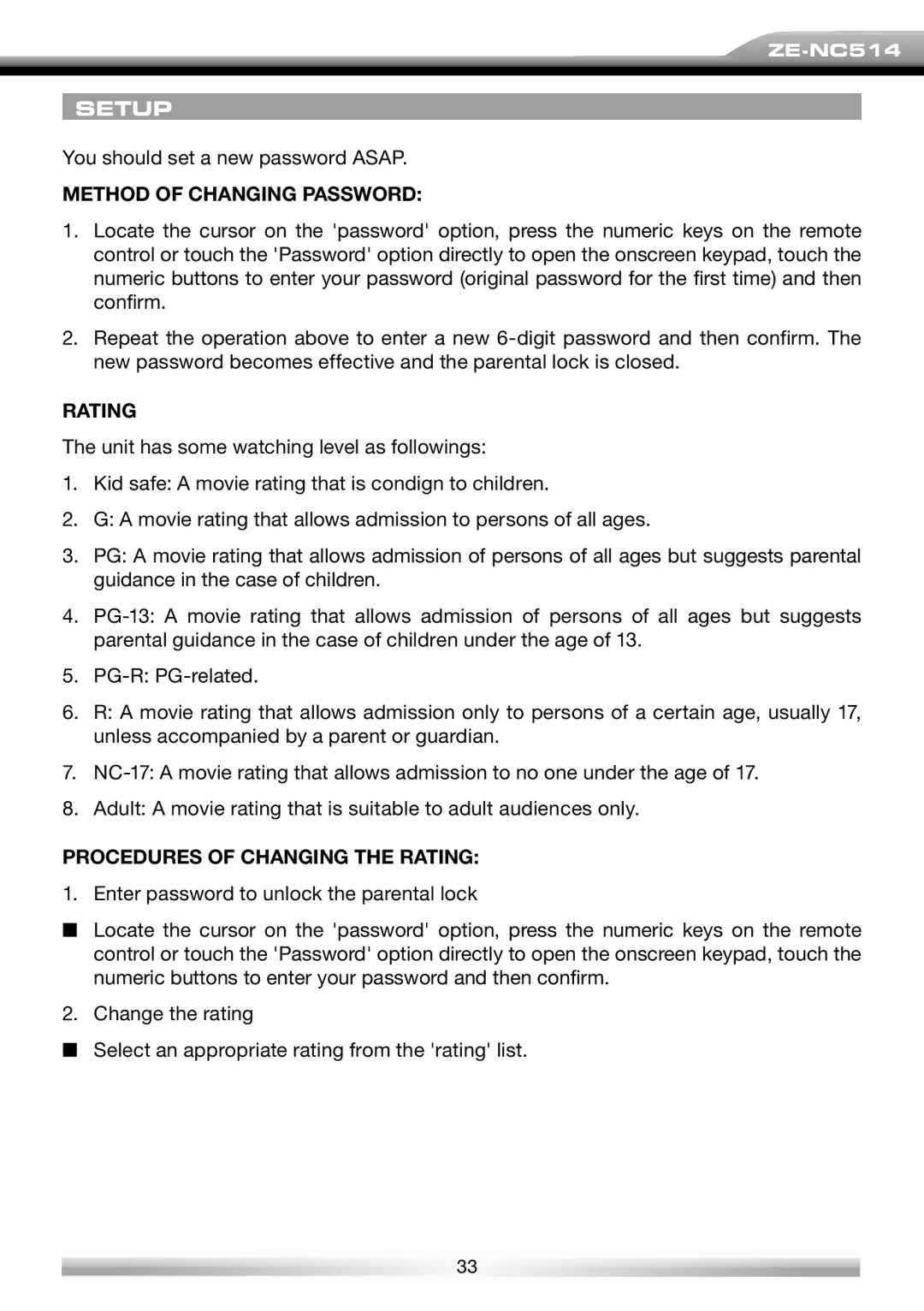 ACR Electronics ZE-NES14 user manual Method of Changing Password, Procedures of Changing the Rating 