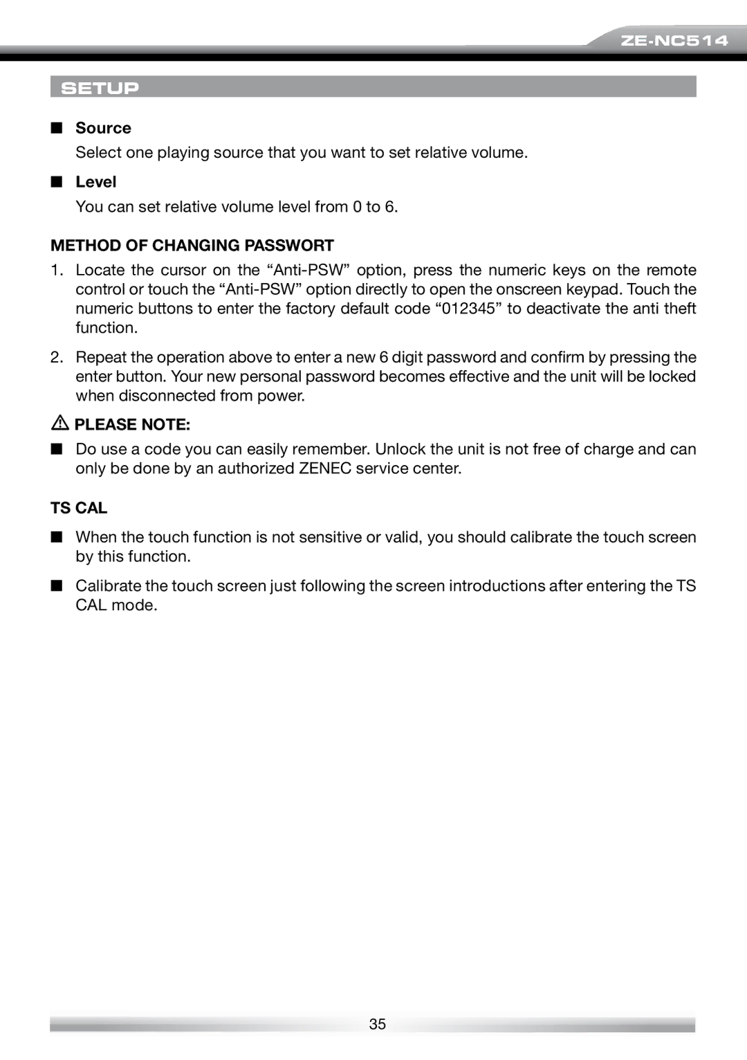 ACR Electronics ZE-NES14 user manual Source, Level, Method of Changing Passwort, Please Note, Ts Cal 