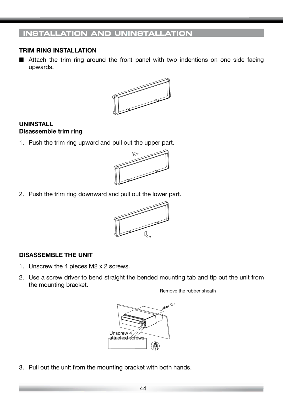 ACR Electronics ZE-NES14 user manual Trim Ring Installation, Uninstall, Disassemble trim ring, Disassemble the Unit 